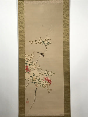 Japanese Hanging Scroll Vtg Bird Tree Branch Snow Winter Kacho Kakejiku SC842