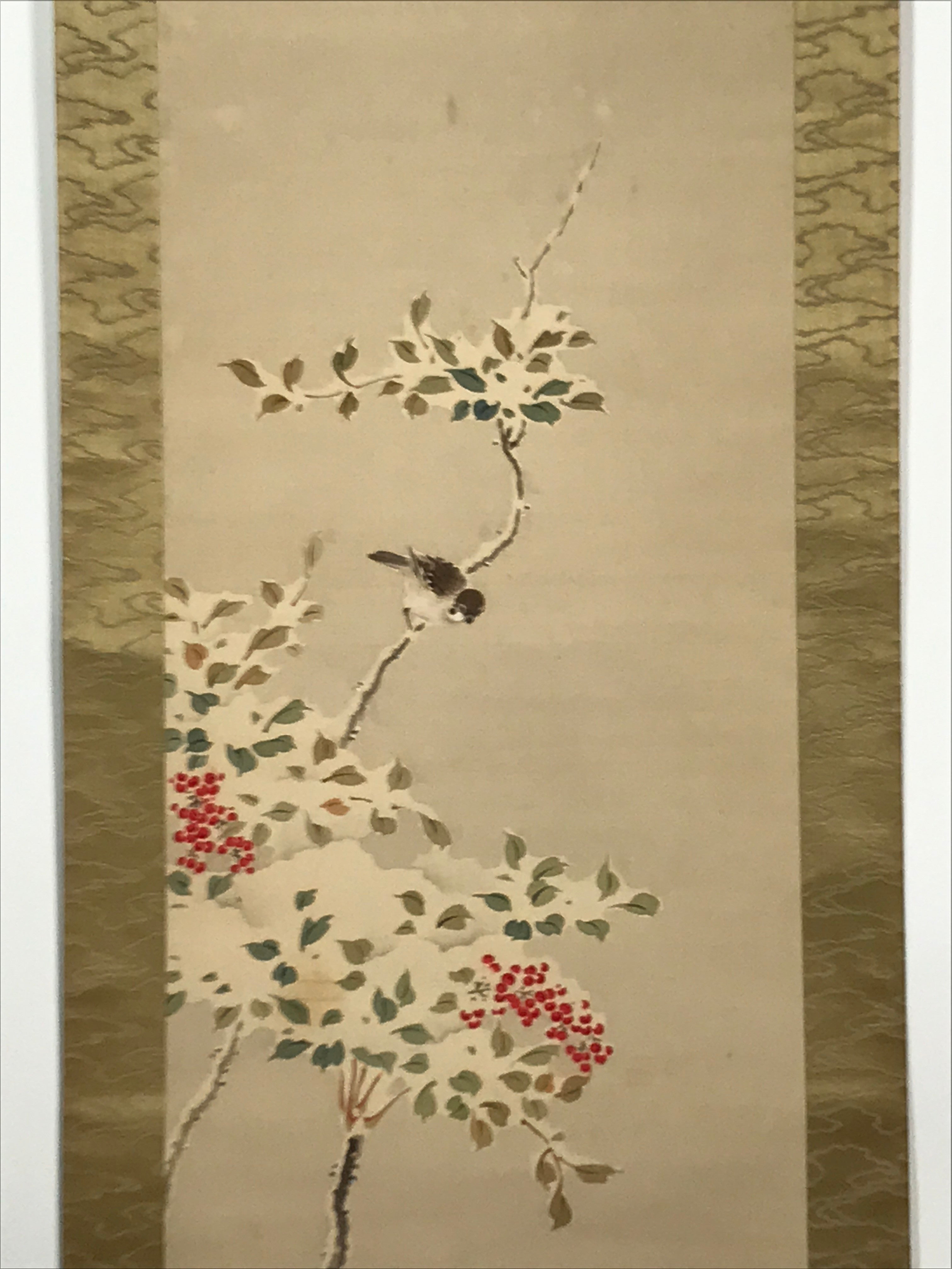 Japanese Hanging Scroll Vtg Bird Tree Branch Snow Winter Kacho Kakejiku SC842