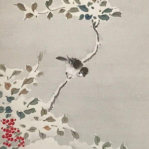 Japanese Hanging Scroll Vtg Bird Tree Branch Snow Winter Kacho Kakejiku SC842