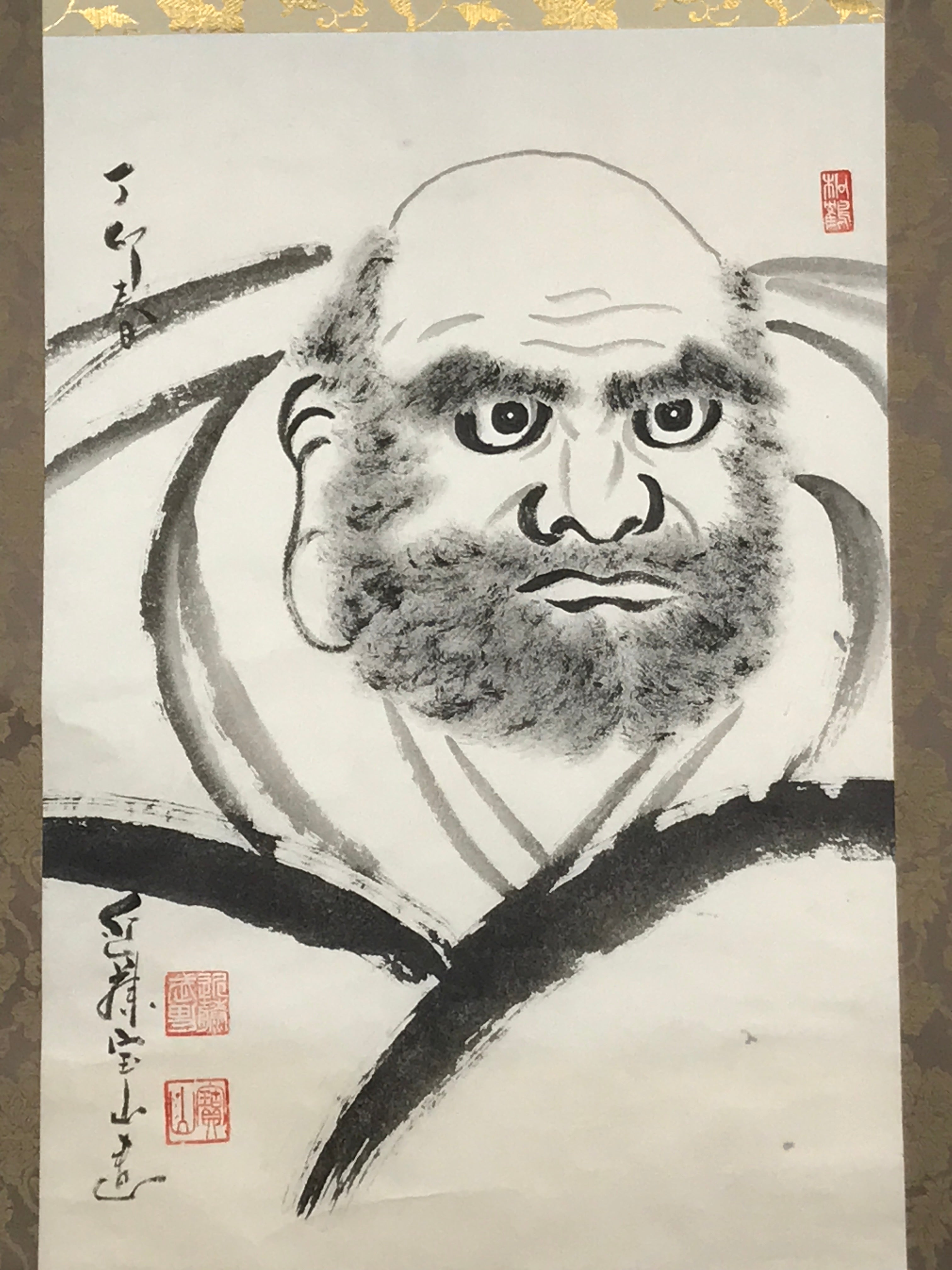 Japanese Hanging Scroll Vtg Bodai Daruma Monochrome Buddhist Kakejiku SC862