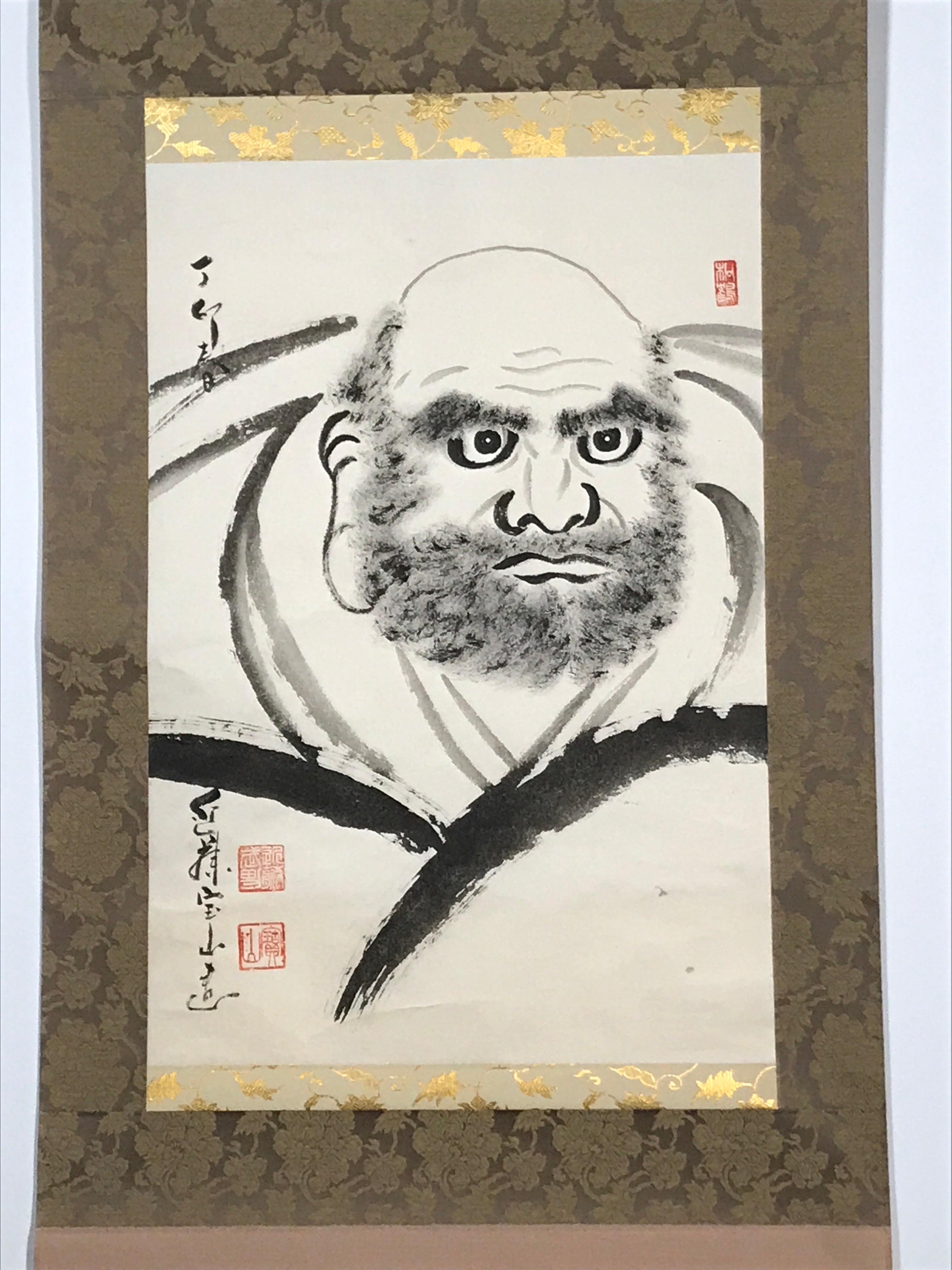 Japanese Hanging Scroll Vtg Bodai Daruma Monochrome Buddhist Kakejiku SC862