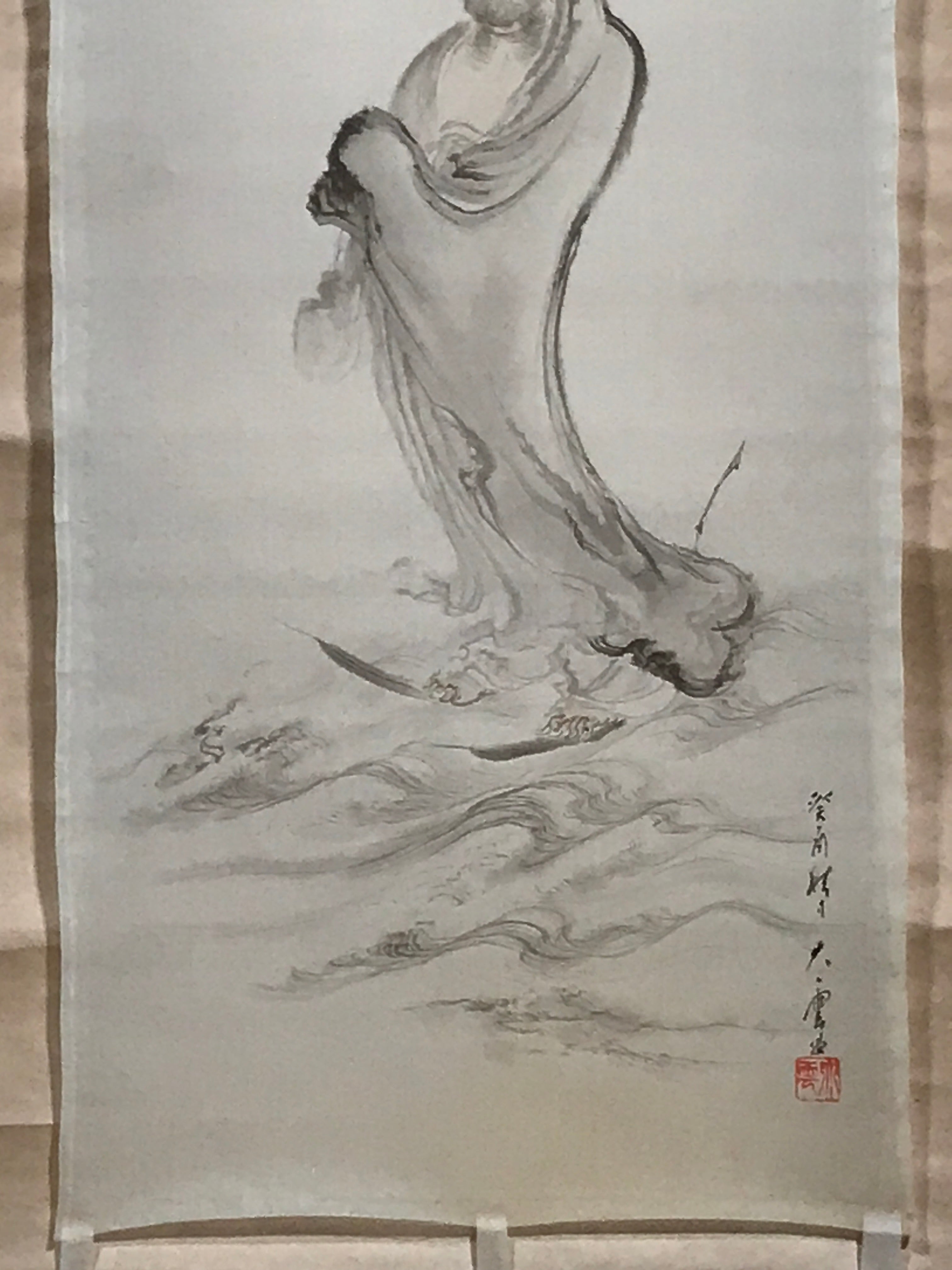 Japanese Hanging Scroll Vtg Bodhidharma Standing Buddhist Kakejiku SC945
