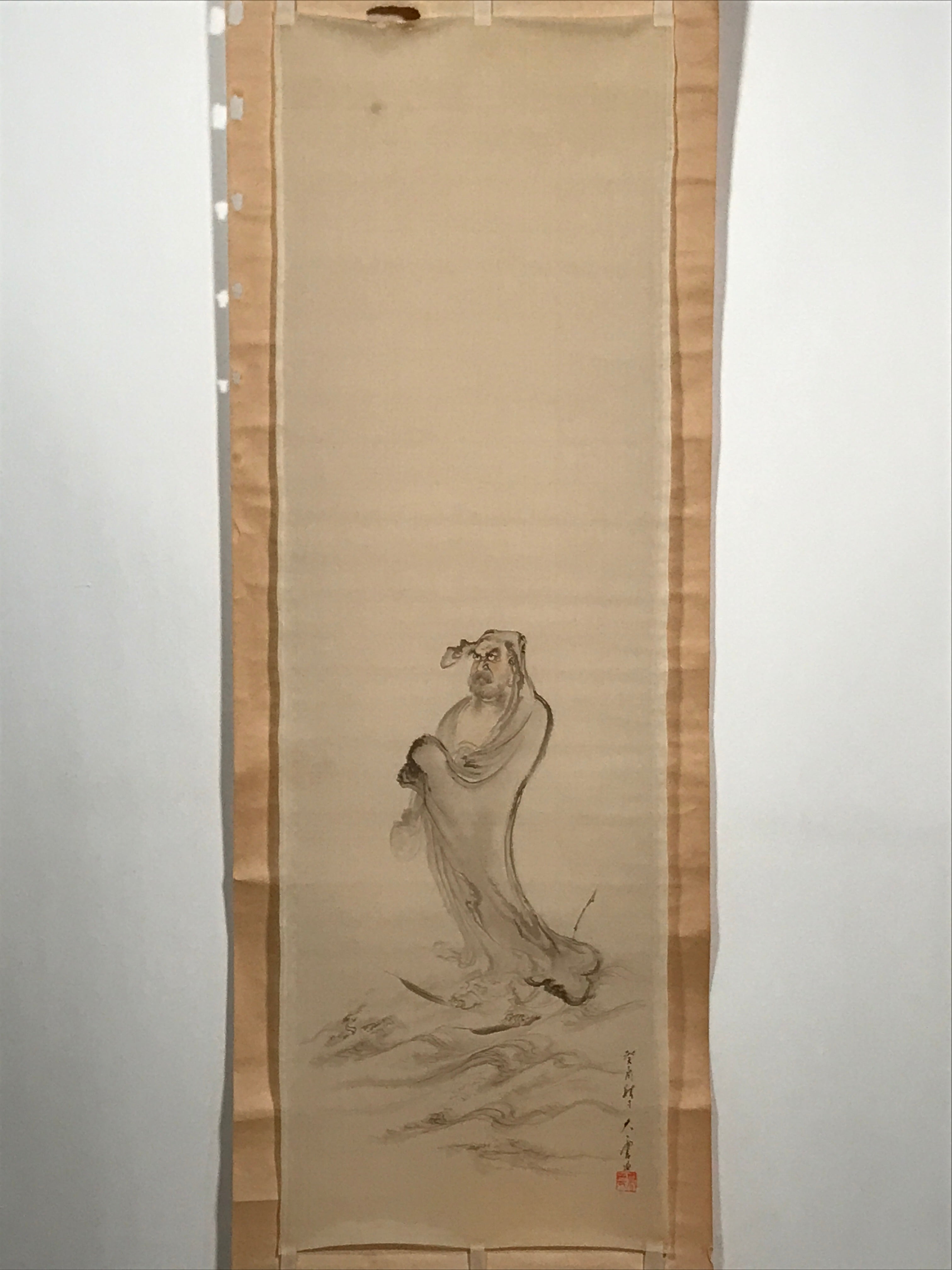 Japanese Hanging Scroll Vtg Bodhidharma Standing Buddhist Kakejiku SC945
