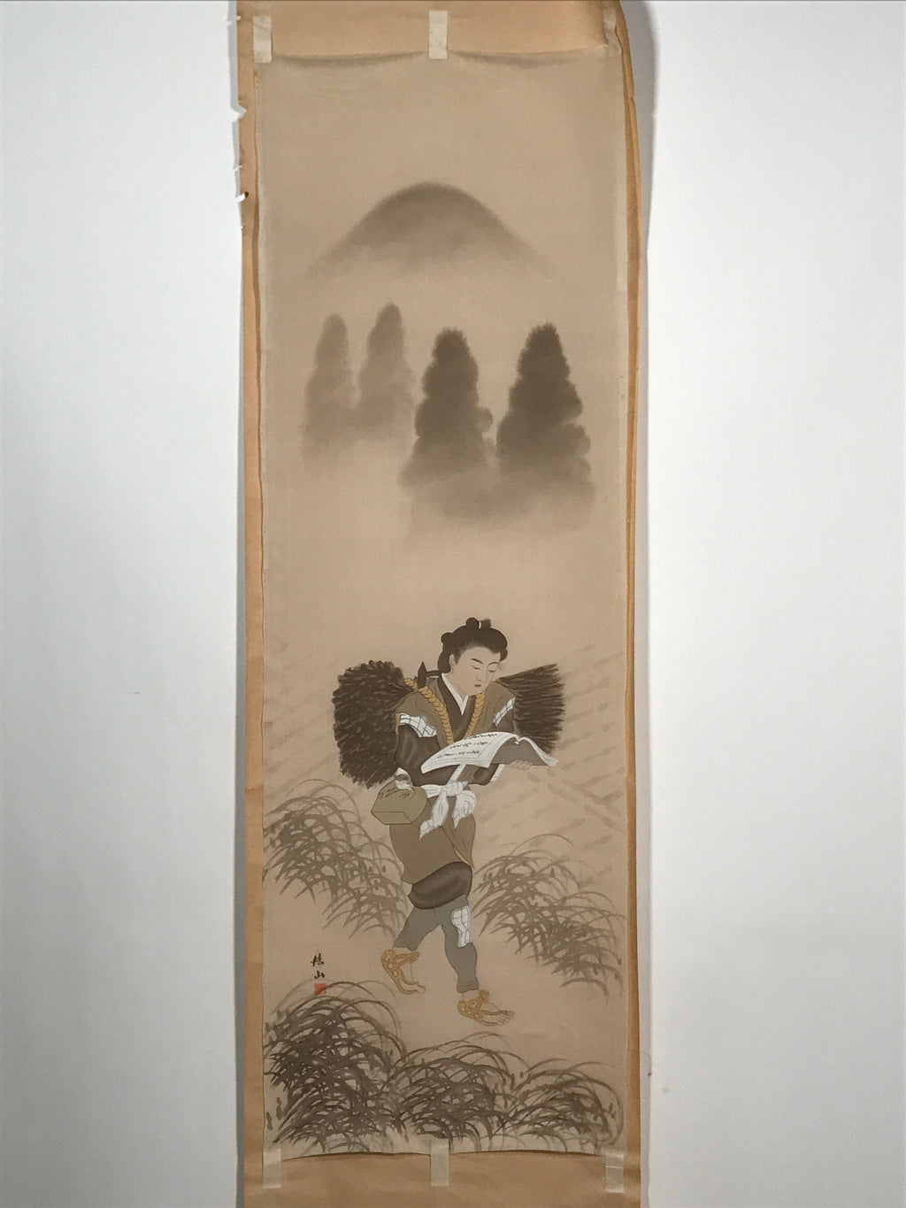 Japanese Hanging Scroll Vtg Boy Reading Walking Ninomiya Sontoku SC946