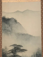 Japanese Hanging Scroll Vtg Bridge Man Mountain Trees Sansui Kakejiku SC853
