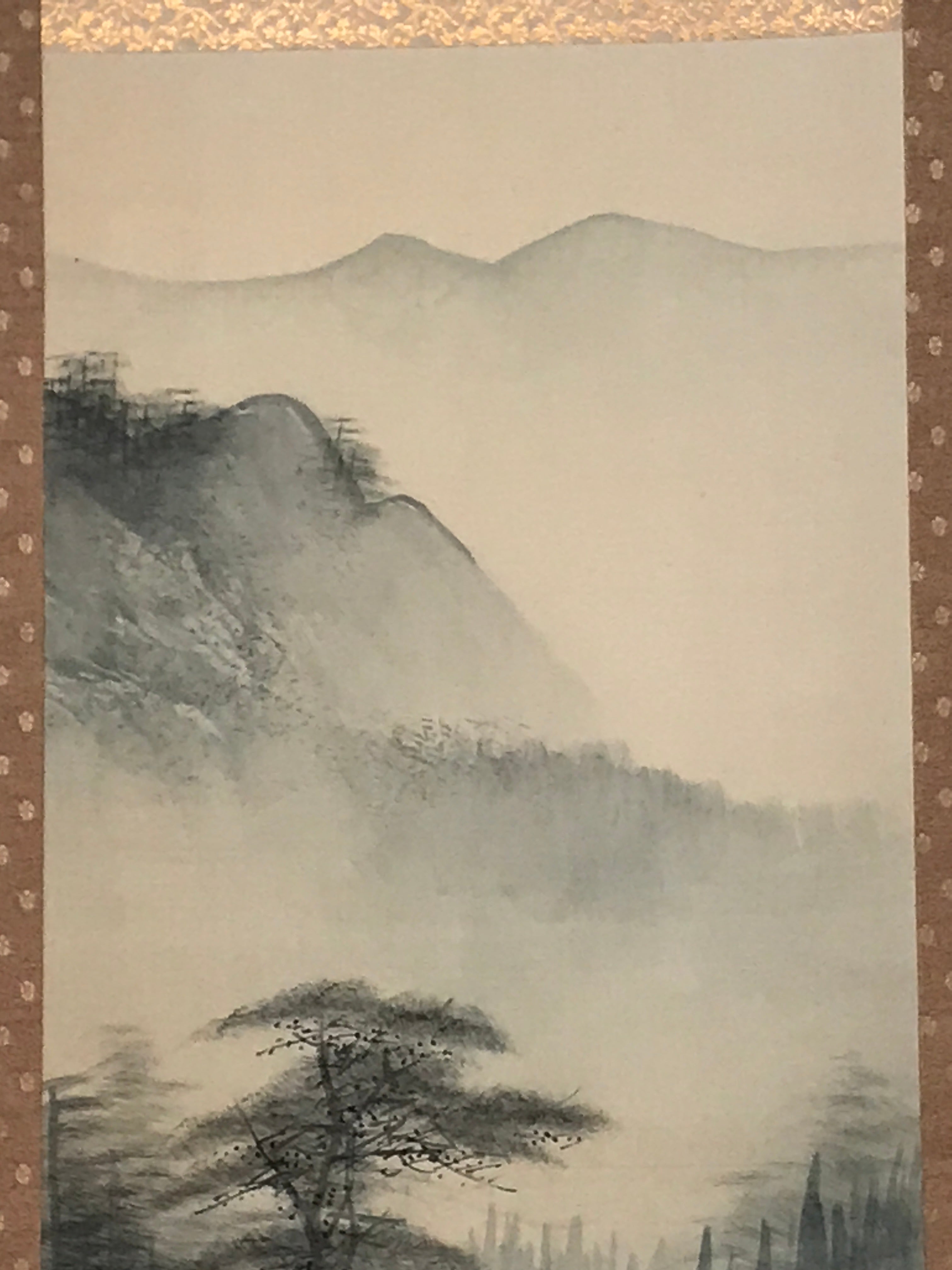 Japanese Hanging Scroll Vtg Bridge Man Mountain Trees Sansui Kakejiku SC853