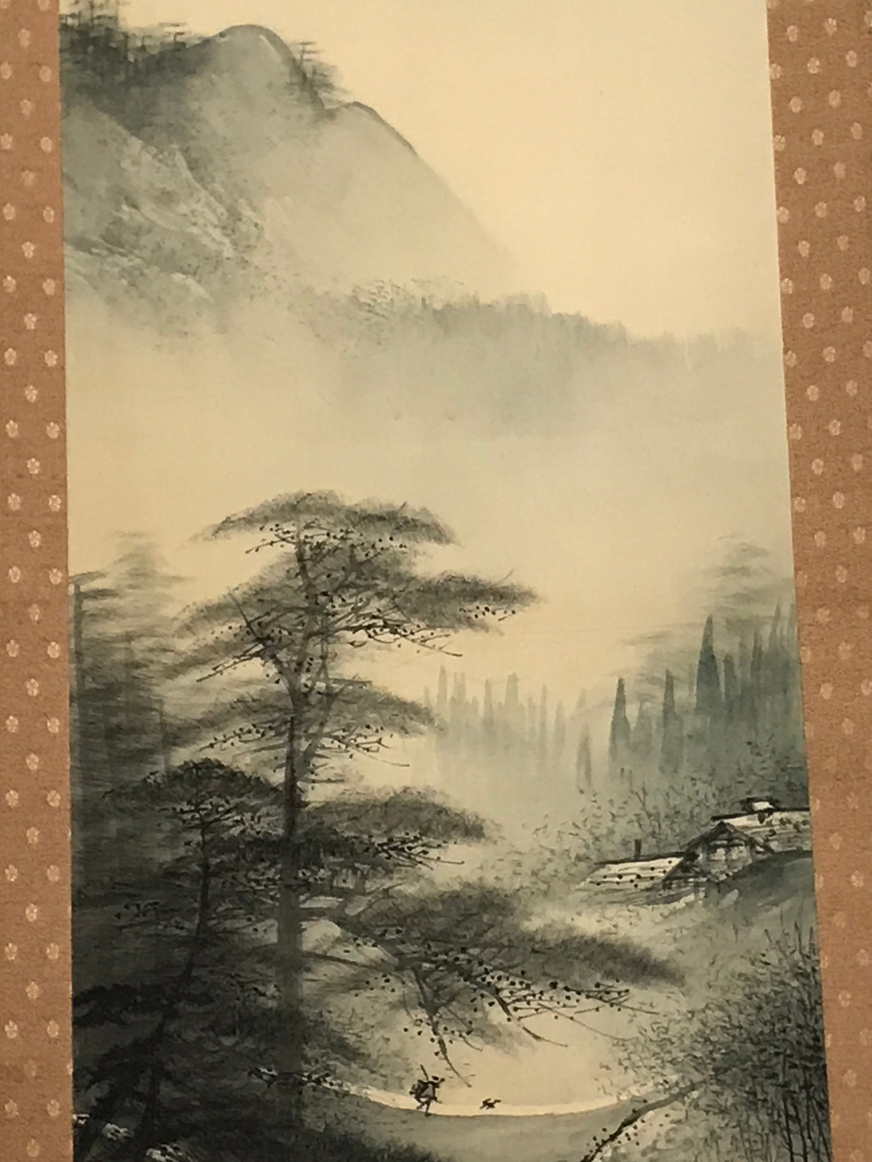 Japanese Hanging Scroll Vtg Bridge Man Mountain Trees Sansui Kakejiku SC853