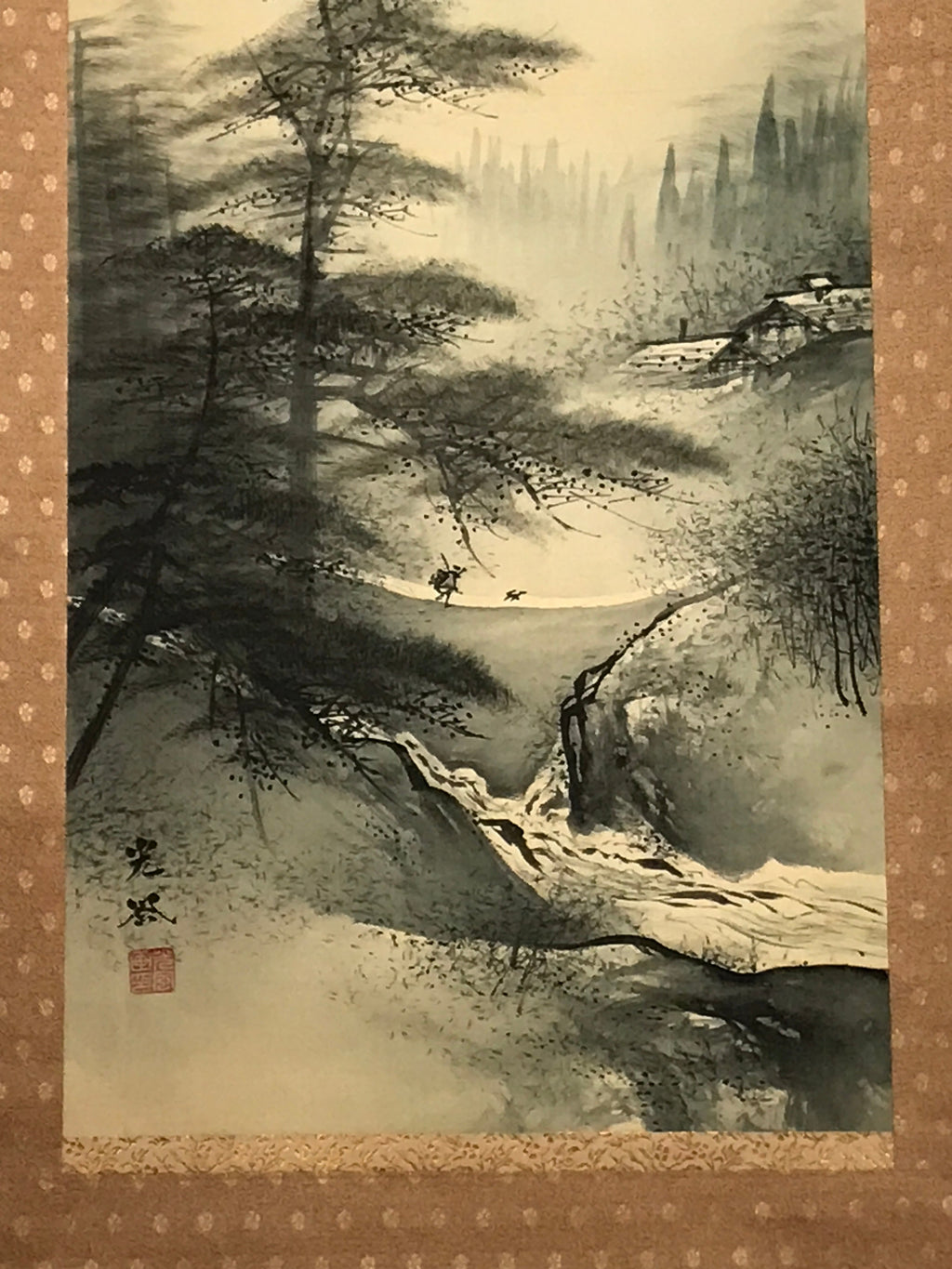 Japanese Hanging Scroll Vtg Bridge Man Mountain Trees Sansui Kakejiku SC853