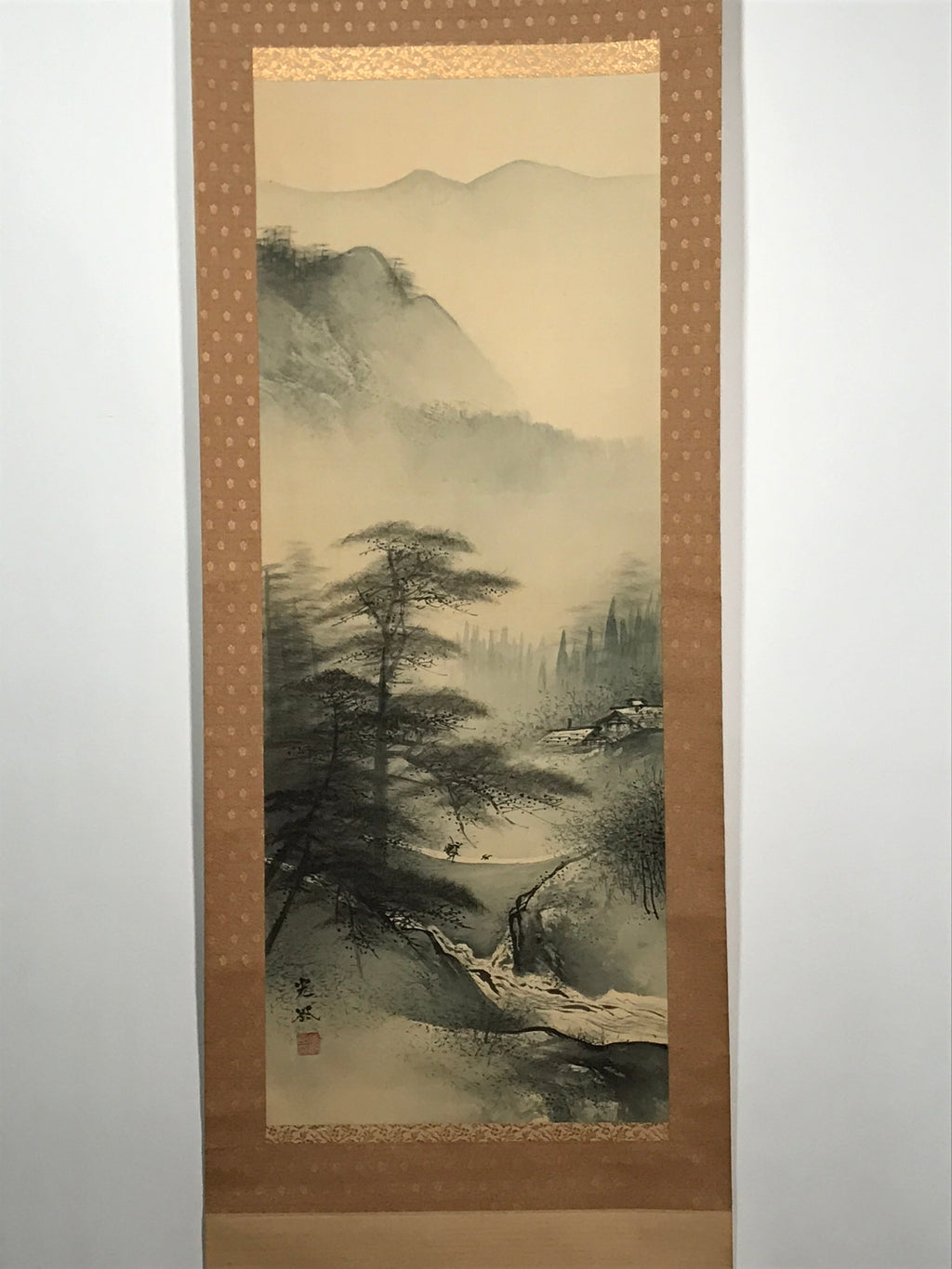 Japanese Hanging Scroll Vtg Bridge Man Mountain Trees Sansui Kakejiku SC853
