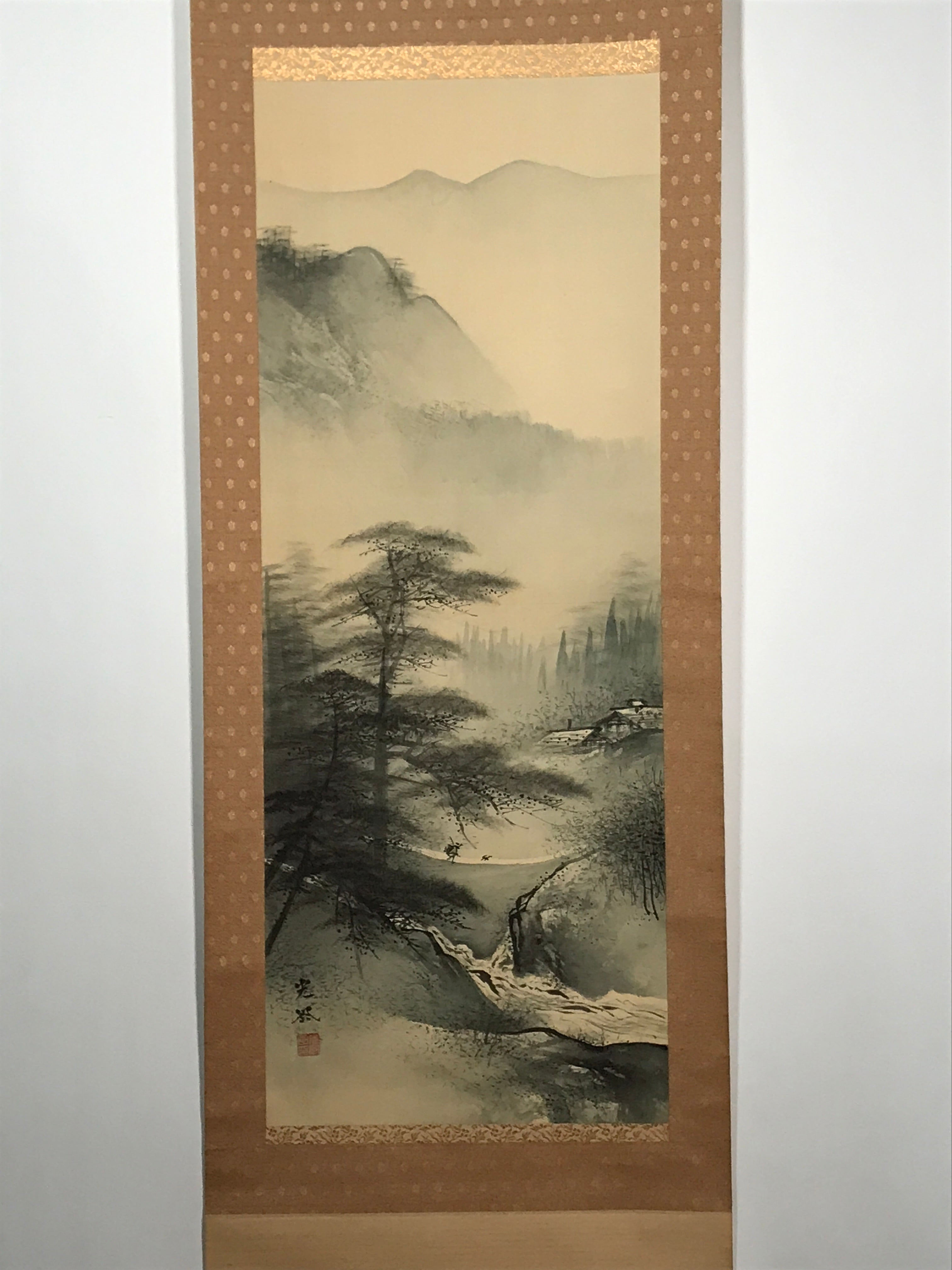 Japanese Hanging Scroll Vtg Bridge Man Mountain Trees Sansui Kakejiku SC853