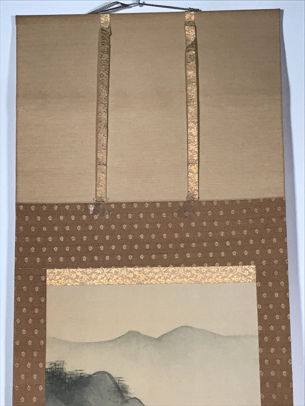 Japanese Hanging Scroll Vtg Bridge Man Mountain Trees Sansui Kakejiku SC853