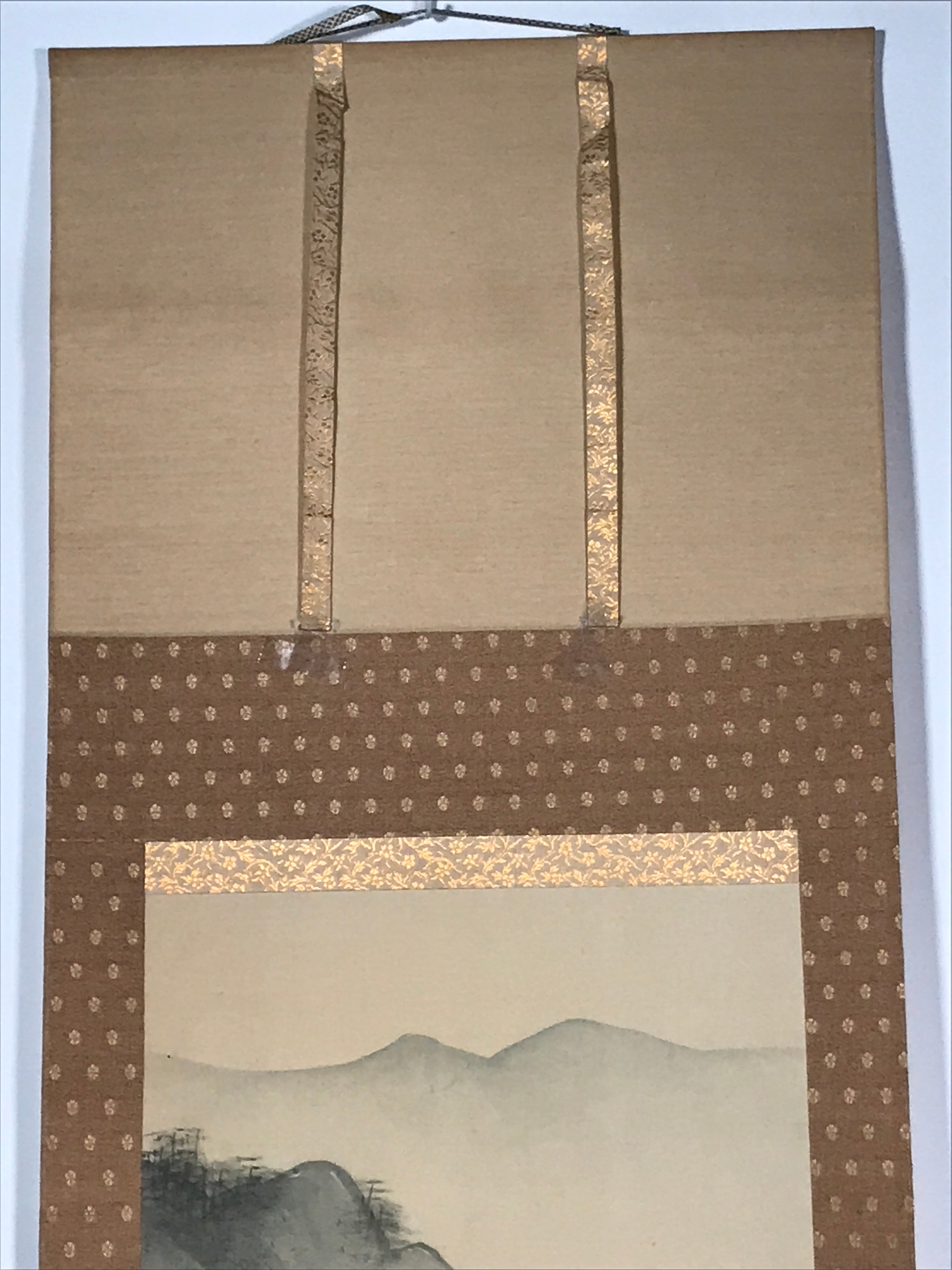 Japanese Hanging Scroll Vtg Bridge Man Mountain Trees Sansui Kakejiku SC853