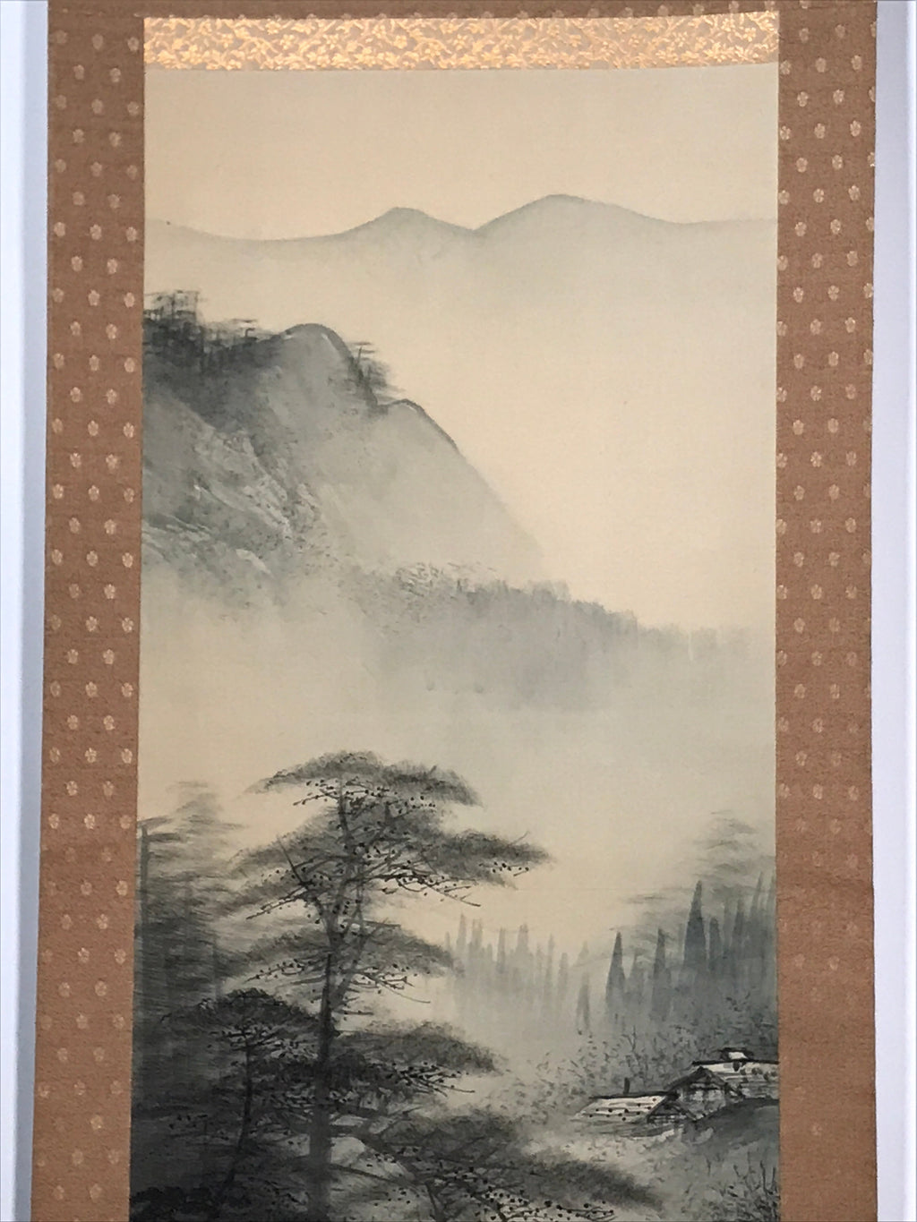 Japanese Hanging Scroll Vtg Bridge Man Mountain Trees Sansui Kakejiku SC853