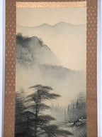 Japanese Hanging Scroll Vtg Bridge Man Mountain Trees Sansui Kakejiku SC853