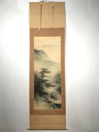 Japanese Hanging Scroll Vtg Bridge Man Mountain Trees Sansui Kakejiku SC853