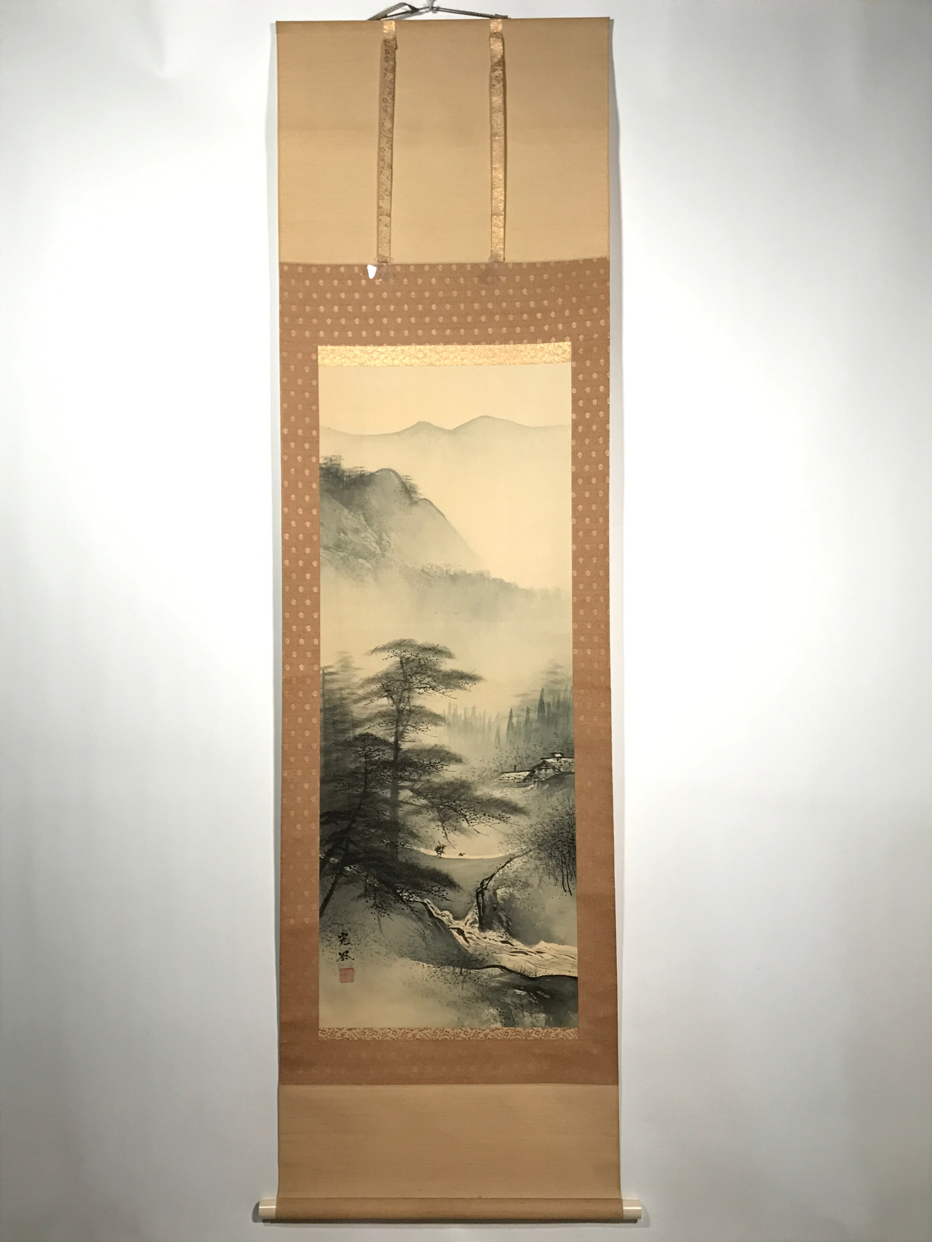 Japanese Hanging Scroll Vtg Bridge Man Mountain Trees Sansui Kakejiku SC853