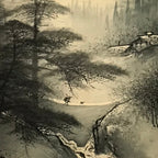 Japanese Hanging Scroll Vtg Bridge Man Mountain Trees Sansui Kakejiku SC853