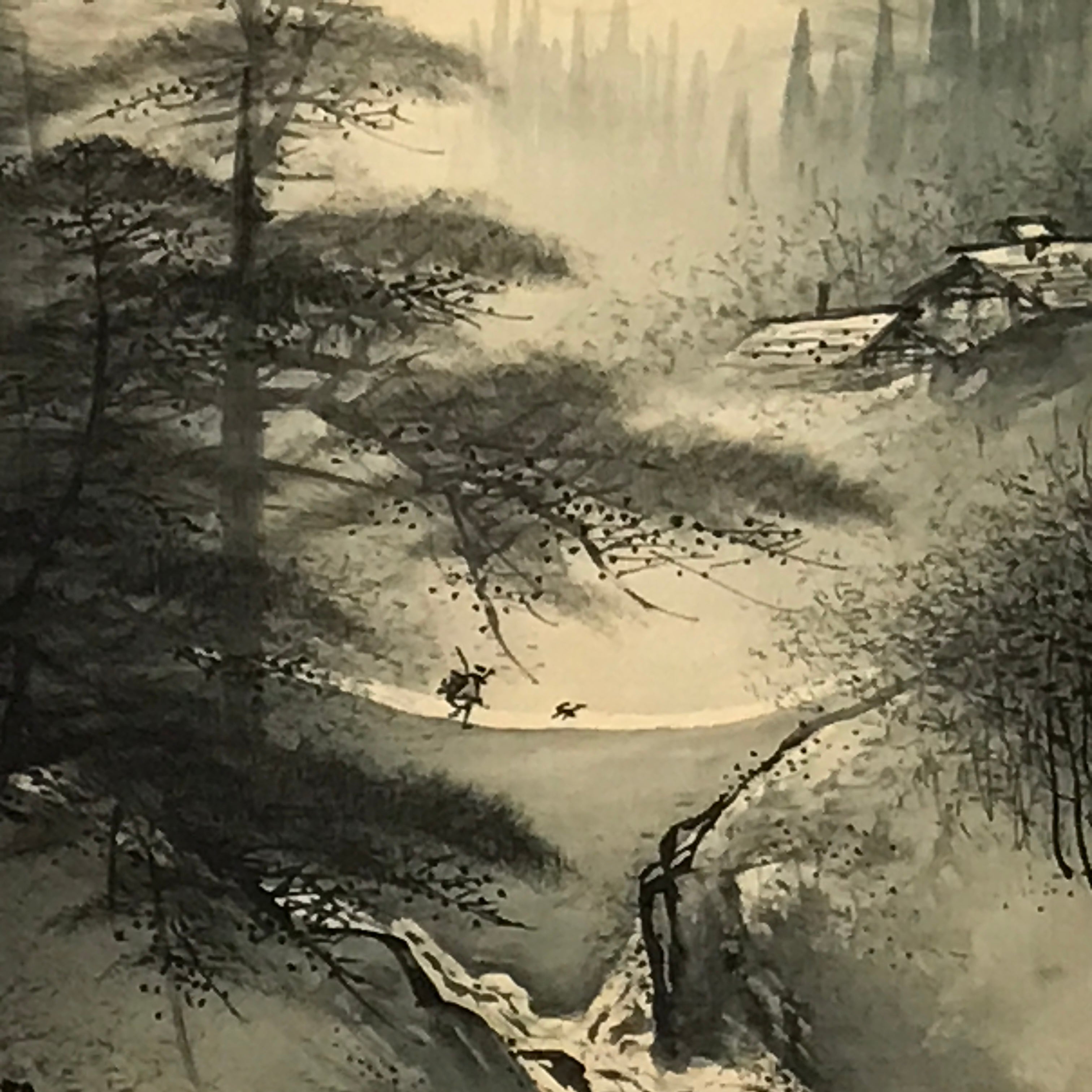 Japanese Hanging Scroll Vtg Bridge Man Mountain Trees Sansui Kakejiku SC853