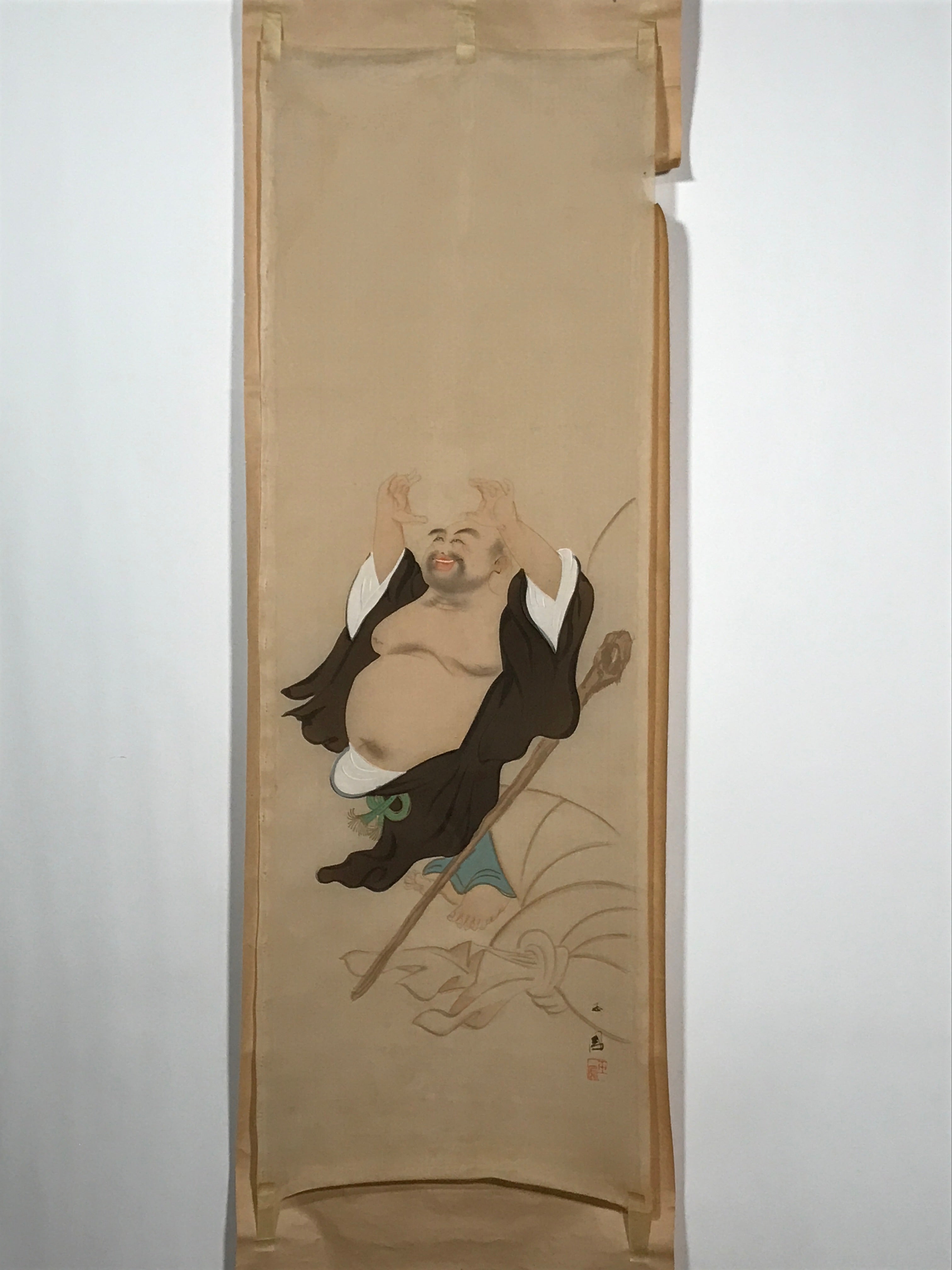 Japanese Hanging Scroll Vtg Budai Hotei Buddhist Monk Kakejiku Chagake SC908