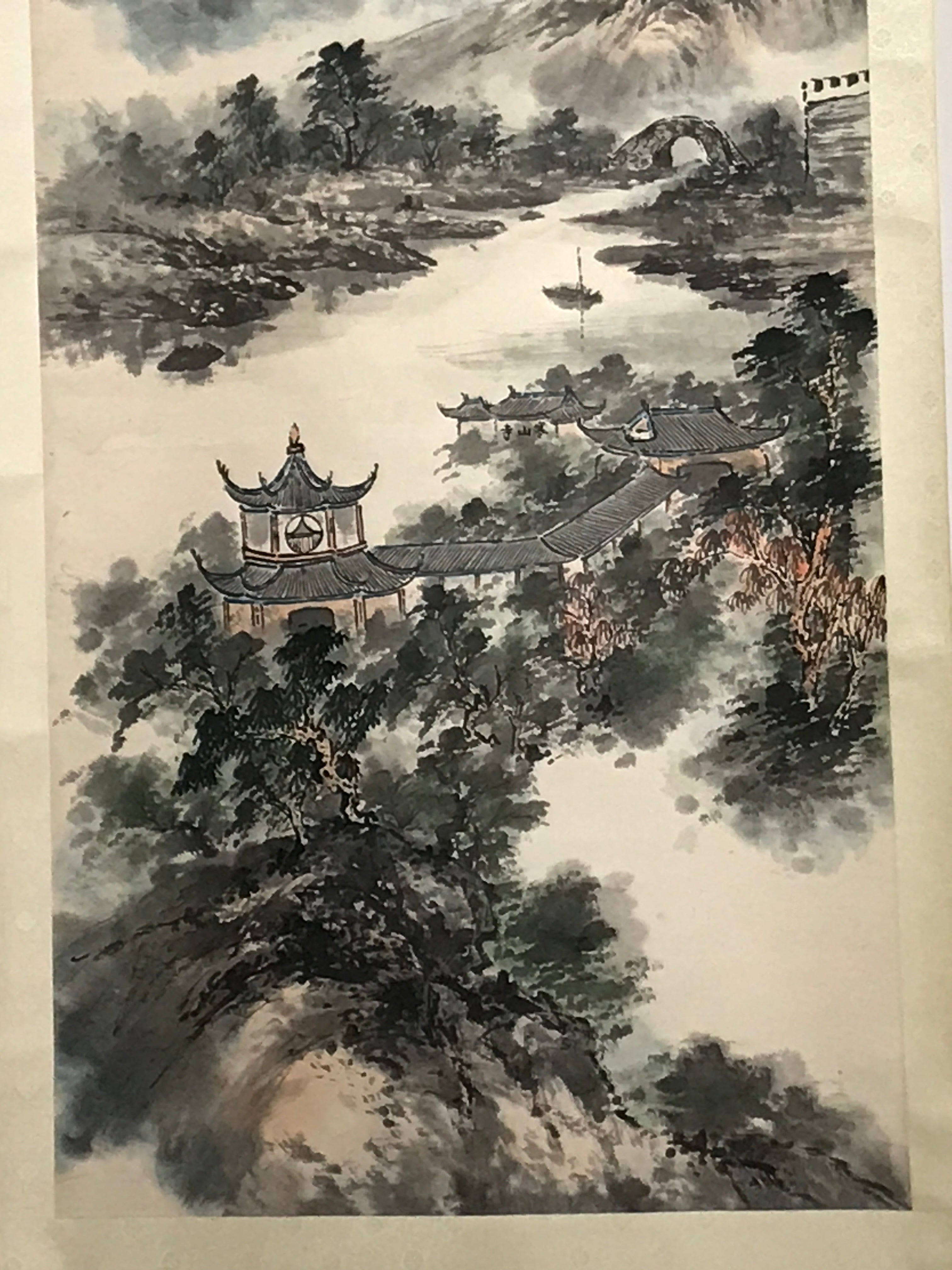 Japanese Hanging Scroll Vtg Chinese Landscape Sansui Color Kakejiku SC921