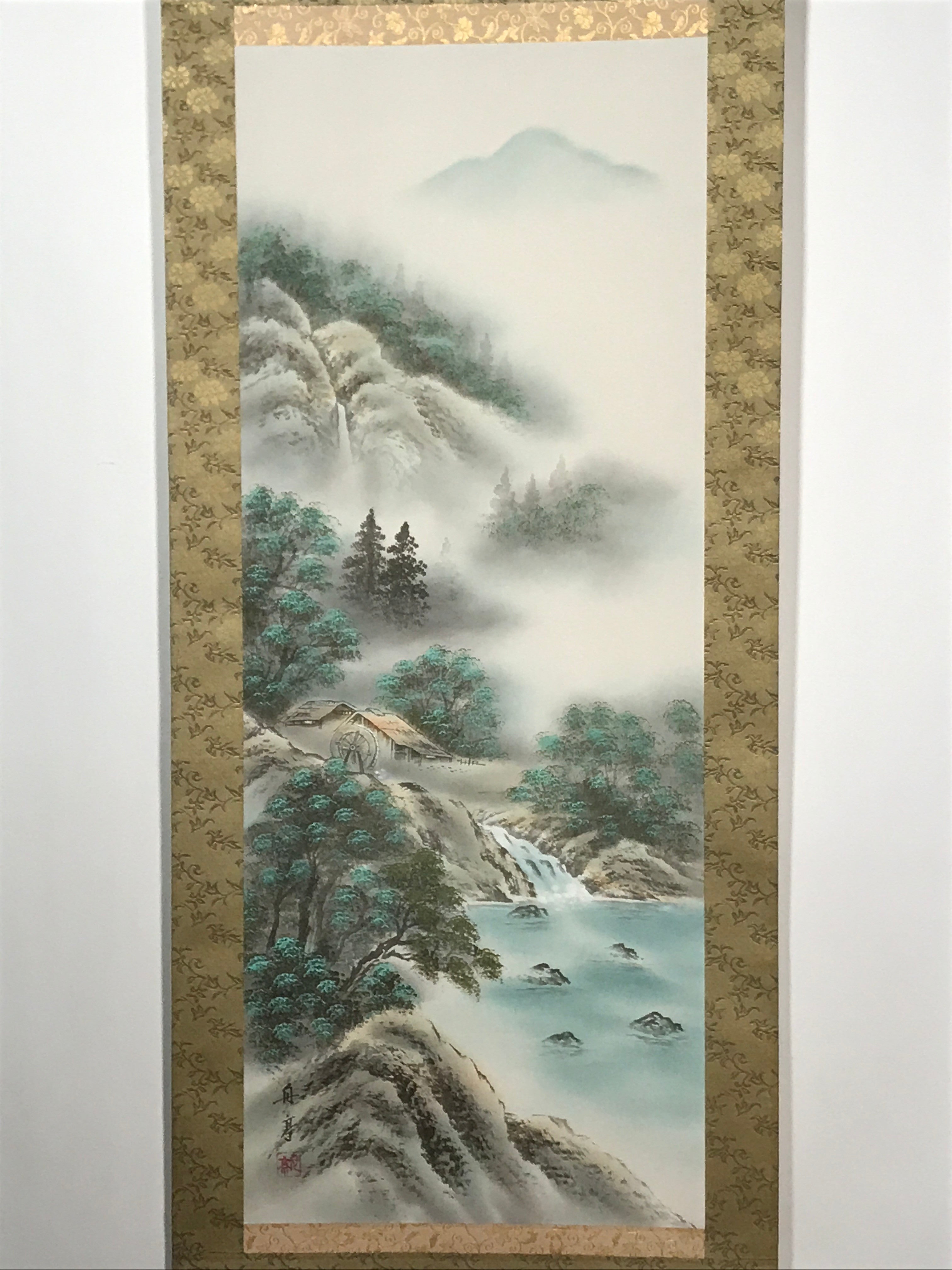 Japanese Hanging Scroll Vtg Colored Moutain Water Fog Sansui Kakejiku SC838