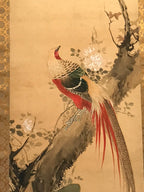 Japanese Hanging Scroll Vtg Colorful Birds Tree Flowers Kacho Kakejiku SC840