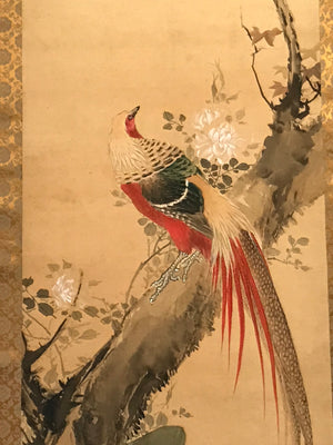 Japanese Hanging Scroll Vtg Colorful Birds Tree Flowers Kacho Kakejiku SC840