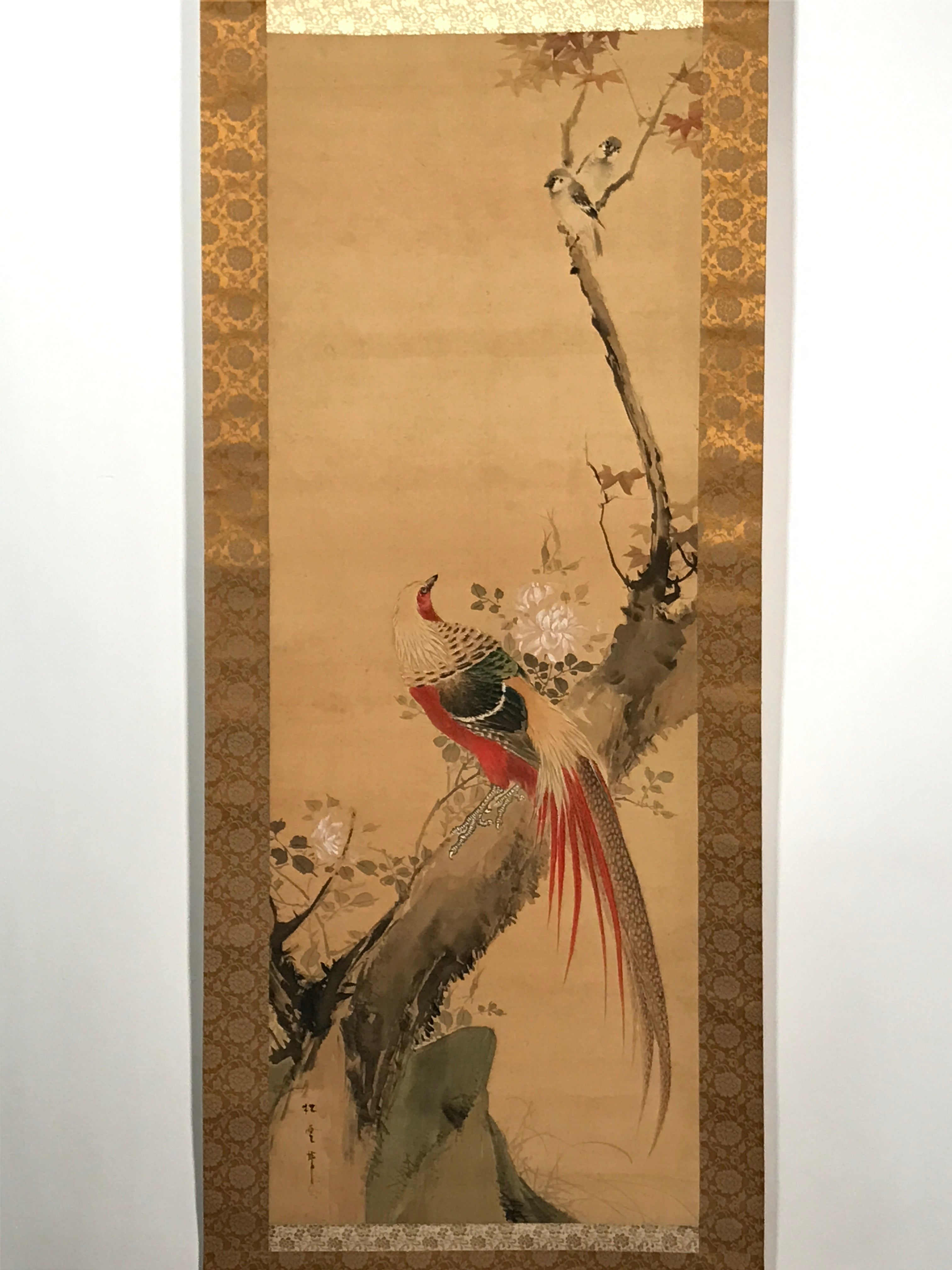 Japanese Hanging Scroll Vtg Colorful Birds Tree Flowers Kacho Kakejiku SC840