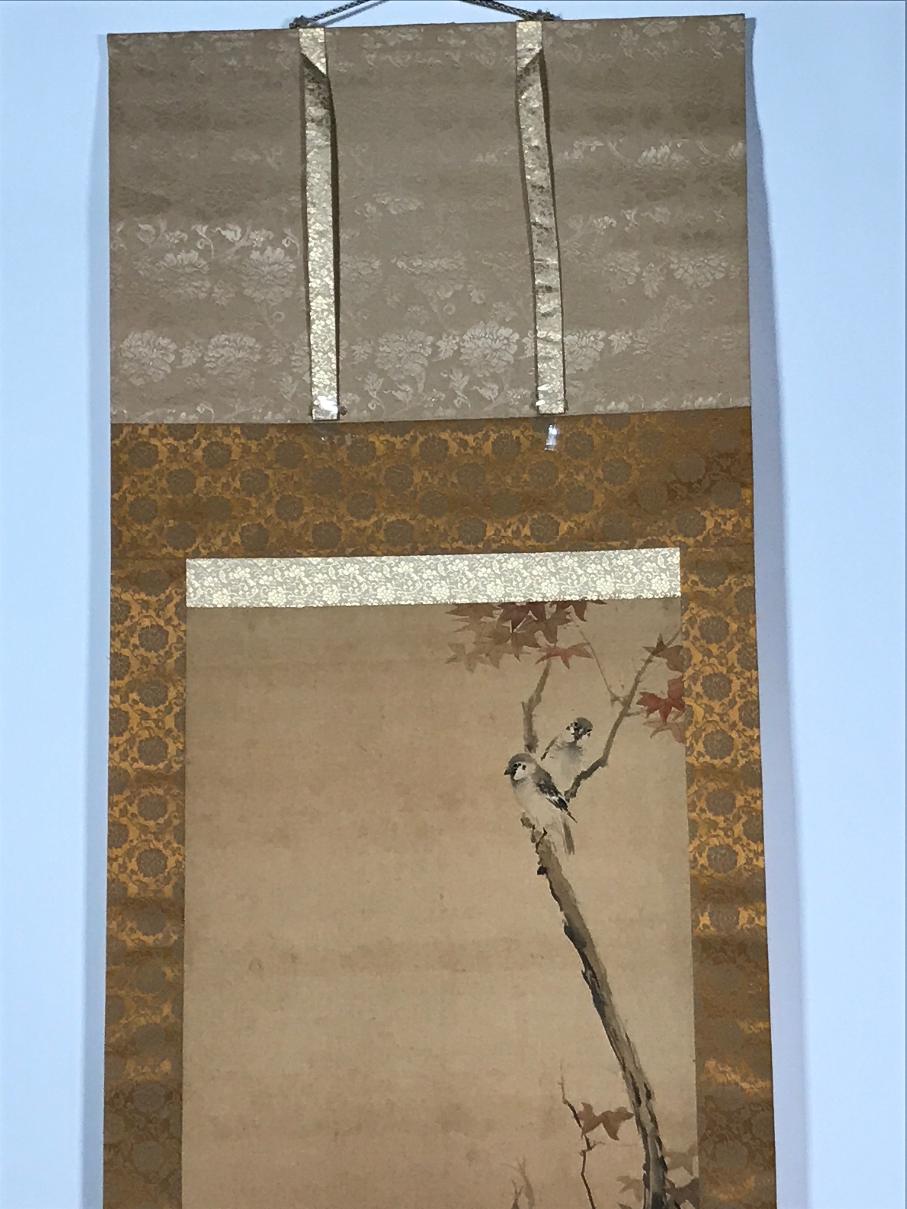 Japanese Hanging Scroll Vtg Colorful Birds Tree Flowers Kacho Kakejiku SC840