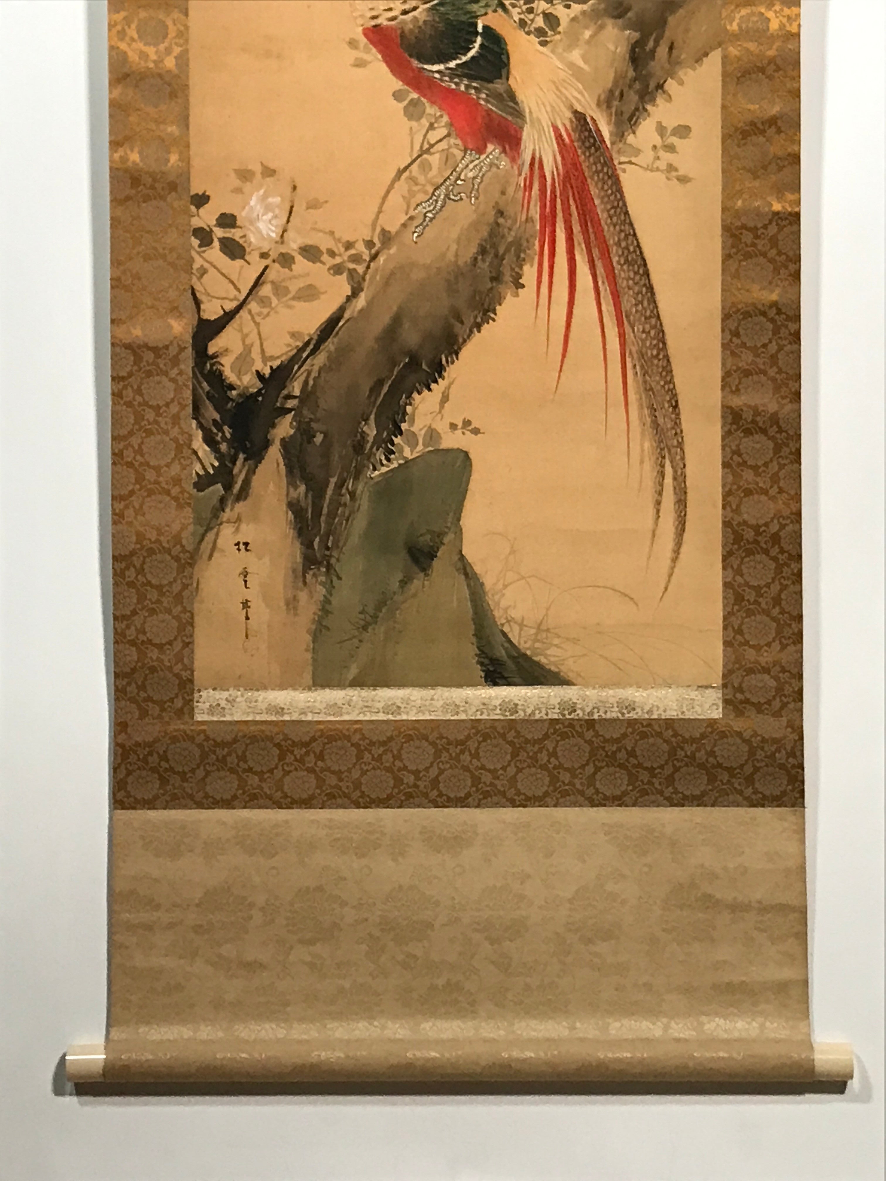 Japanese Hanging Scroll Vtg Colorful Birds Tree Flowers Kacho Kakejiku SC840