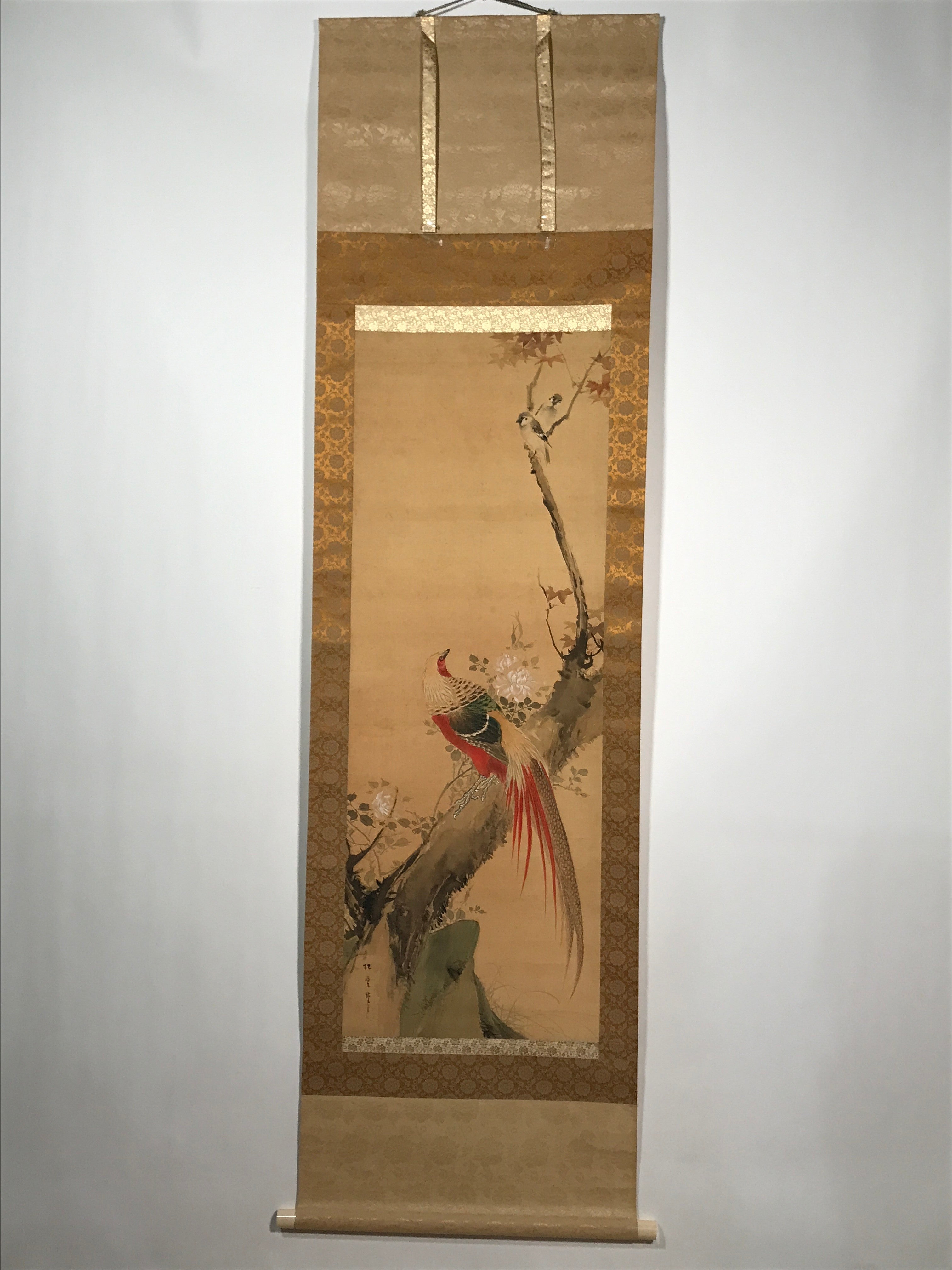 Japanese Hanging Scroll Vtg Colorful Birds Tree Flowers Kacho Kakejiku SC840