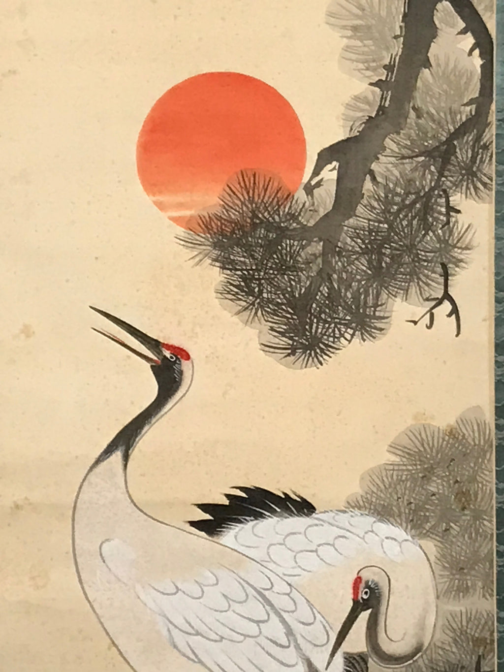 Japanese Hanging Scroll Vtg Cranes Red Sun Pine Tree Tsuru Kakejiku SC811