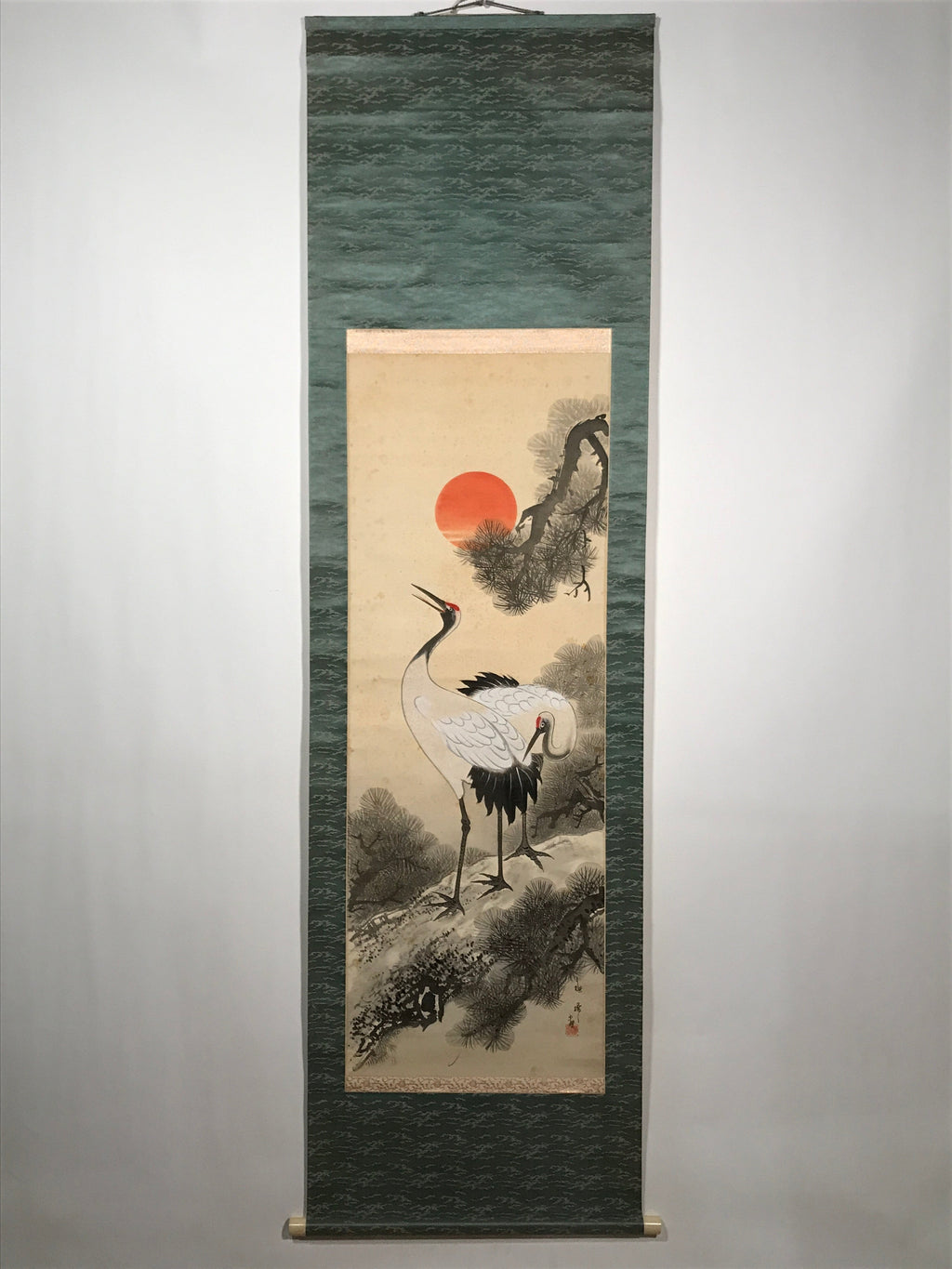 Japanese Hanging Scroll Vtg Cranes Red Sun Pine Tree Tsuru Kakejiku SC811