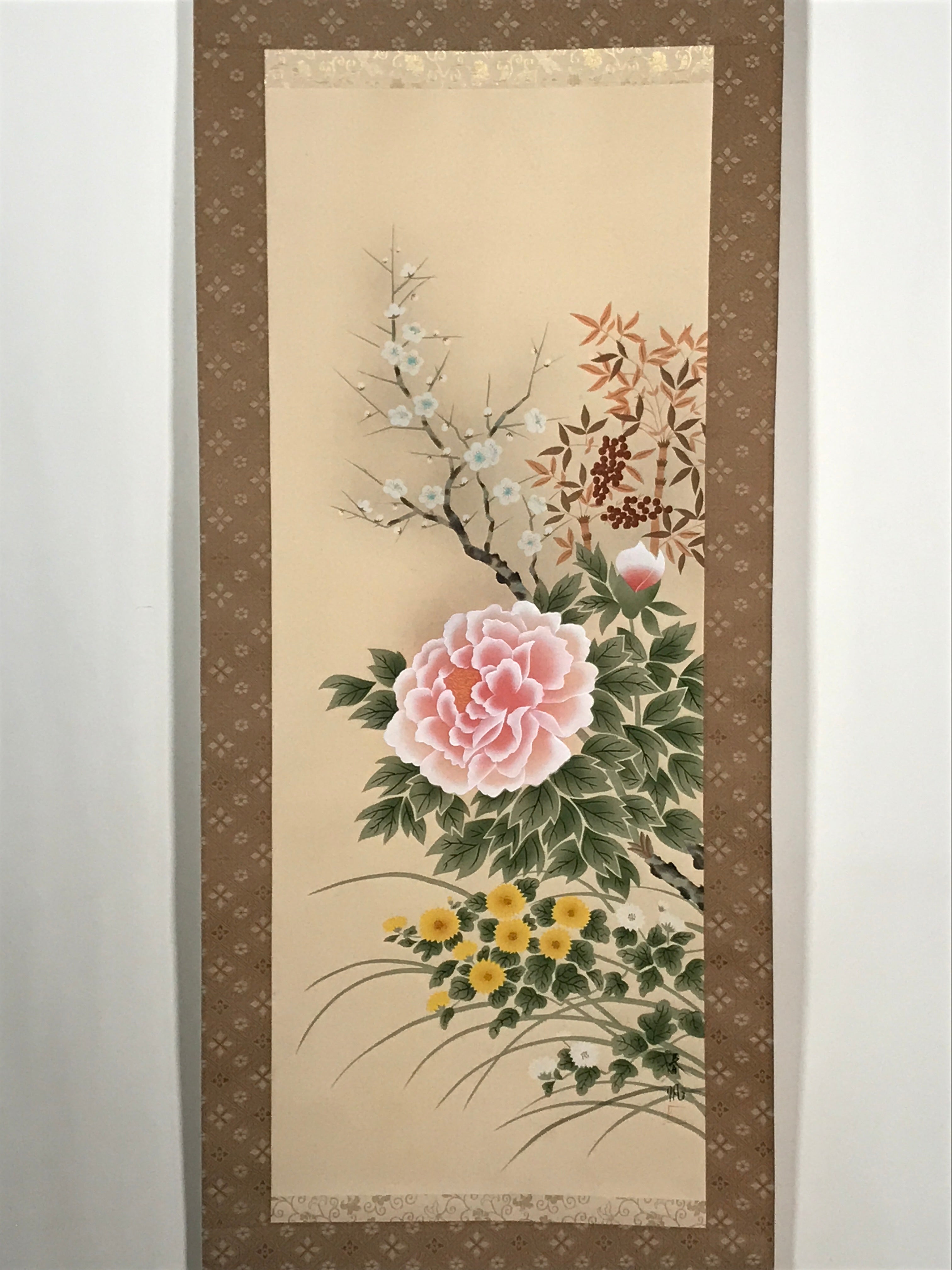 Japanese Hanging Scroll Vtg Four Seasons Flowers Wooden Box Kakejiku SC950