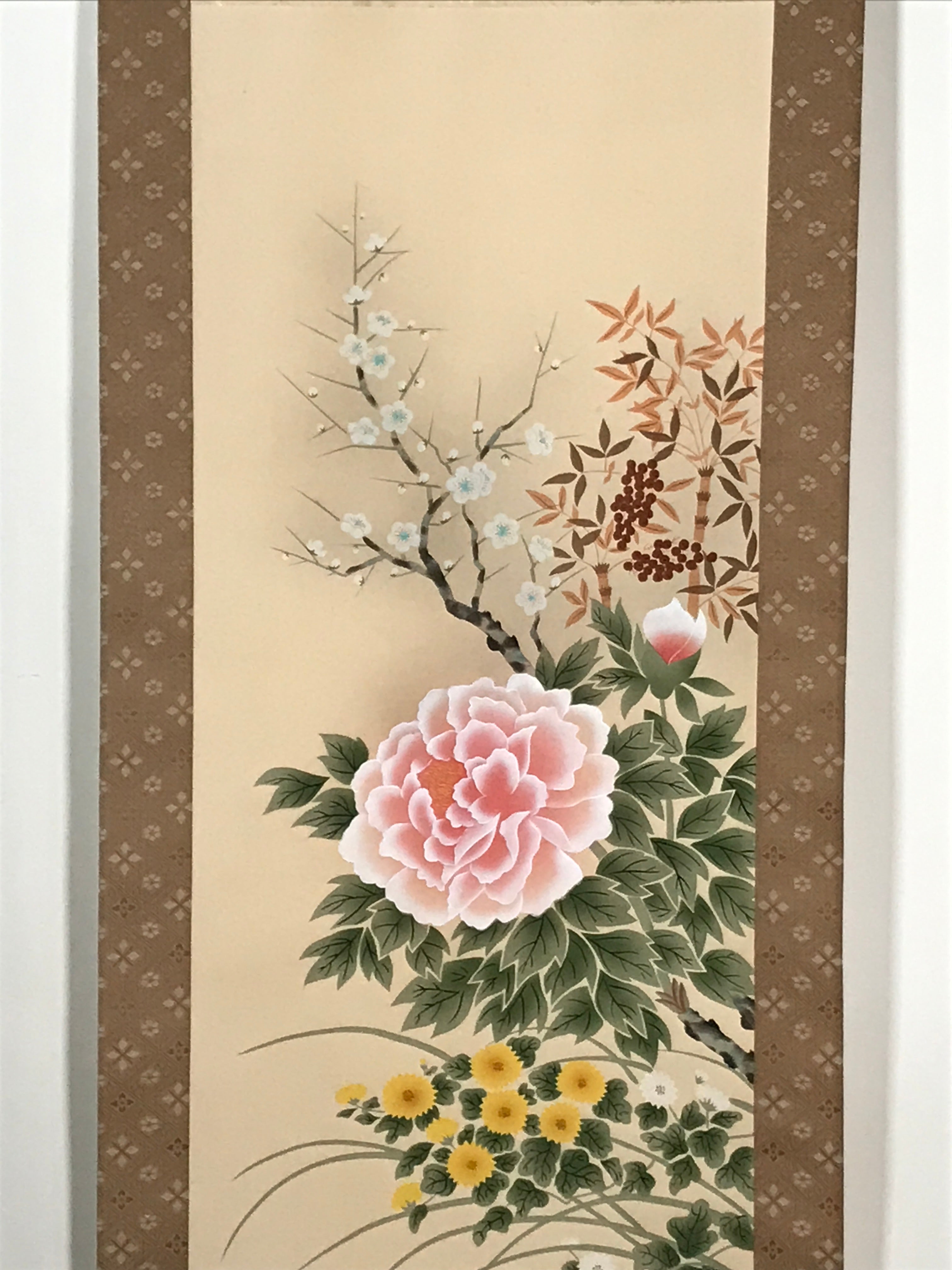 Japanese Hanging Scroll Vtg Four Seasons Flowers Wooden Box Kakejiku SC950