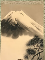 Japanese Hanging Scroll Vtg Hawk On Tree Mt Fuji Brown Yellow Kakejiku SC824