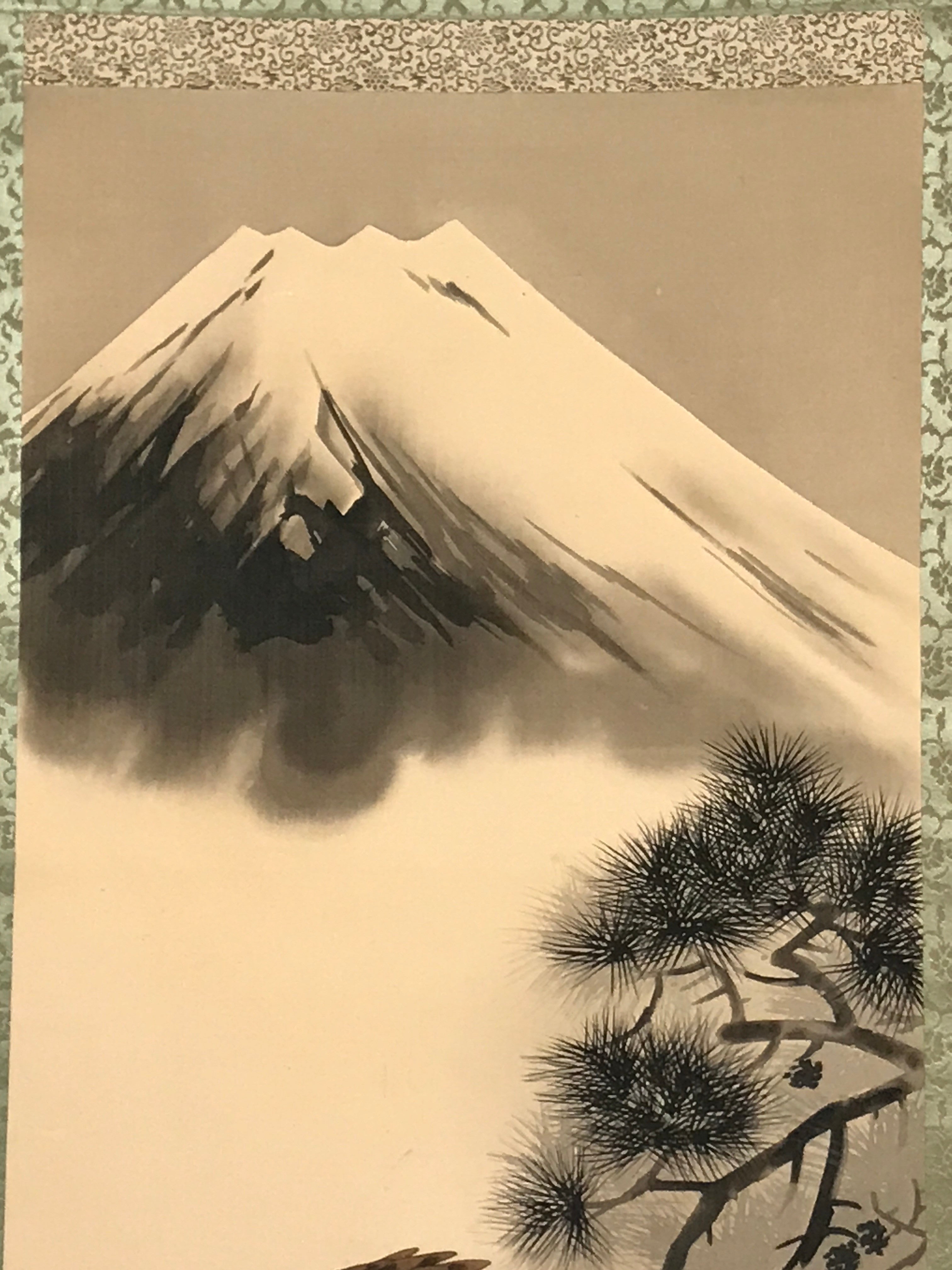 Japanese Hanging Scroll Vtg Hawk On Tree Mt Fuji Brown Yellow Kakejiku SC824