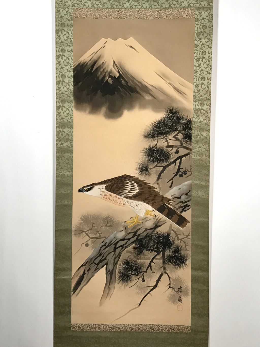 Japanese Hanging Scroll Vtg Hawk On Tree Mt Fuji Brown Yellow Kakejiku SC824
