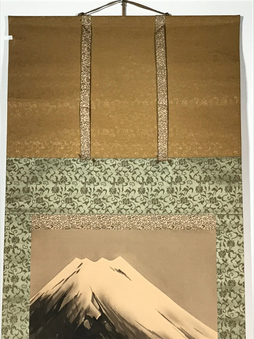 Japanese Hanging Scroll Vtg Hawk On Tree Mt Fuji Brown Yellow Kakejiku SC824