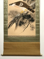 Japanese Hanging Scroll Vtg Hawk On Tree Mt Fuji Brown Yellow Kakejiku SC824