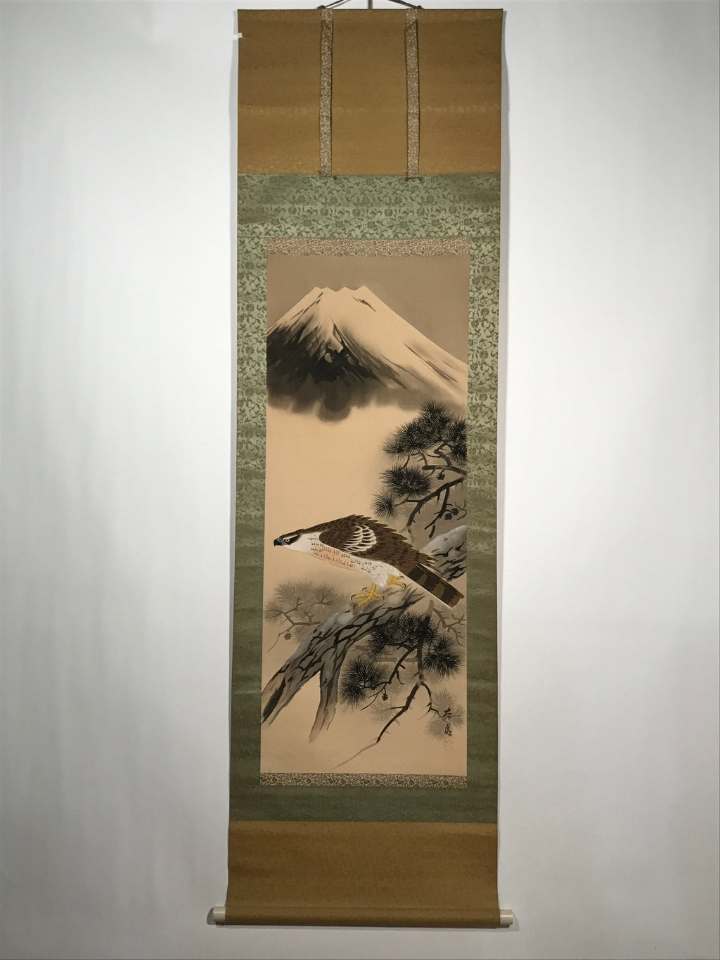 Japanese Hanging Scroll Vtg Hawk On Tree Mt Fuji Brown Yellow Kakejiku SC824