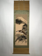 Japanese Hanging Scroll Vtg Hawk On Tree Mt Fuji Brown Yellow Kakejiku SC824