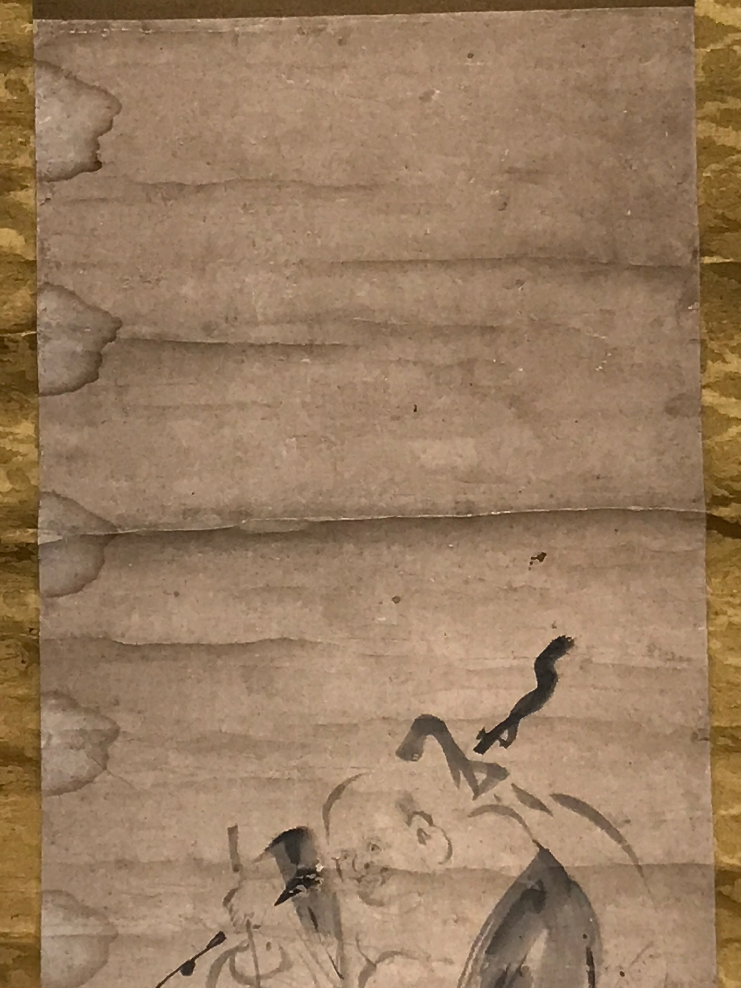 Japanese Hanging Scroll Vtg Hotei Man Carrying Bag Buddhist Kakejiku SC861