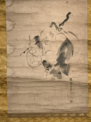 Japanese Hanging Scroll Vtg Hotei Man Carrying Bag Buddhist Kakejiku SC861