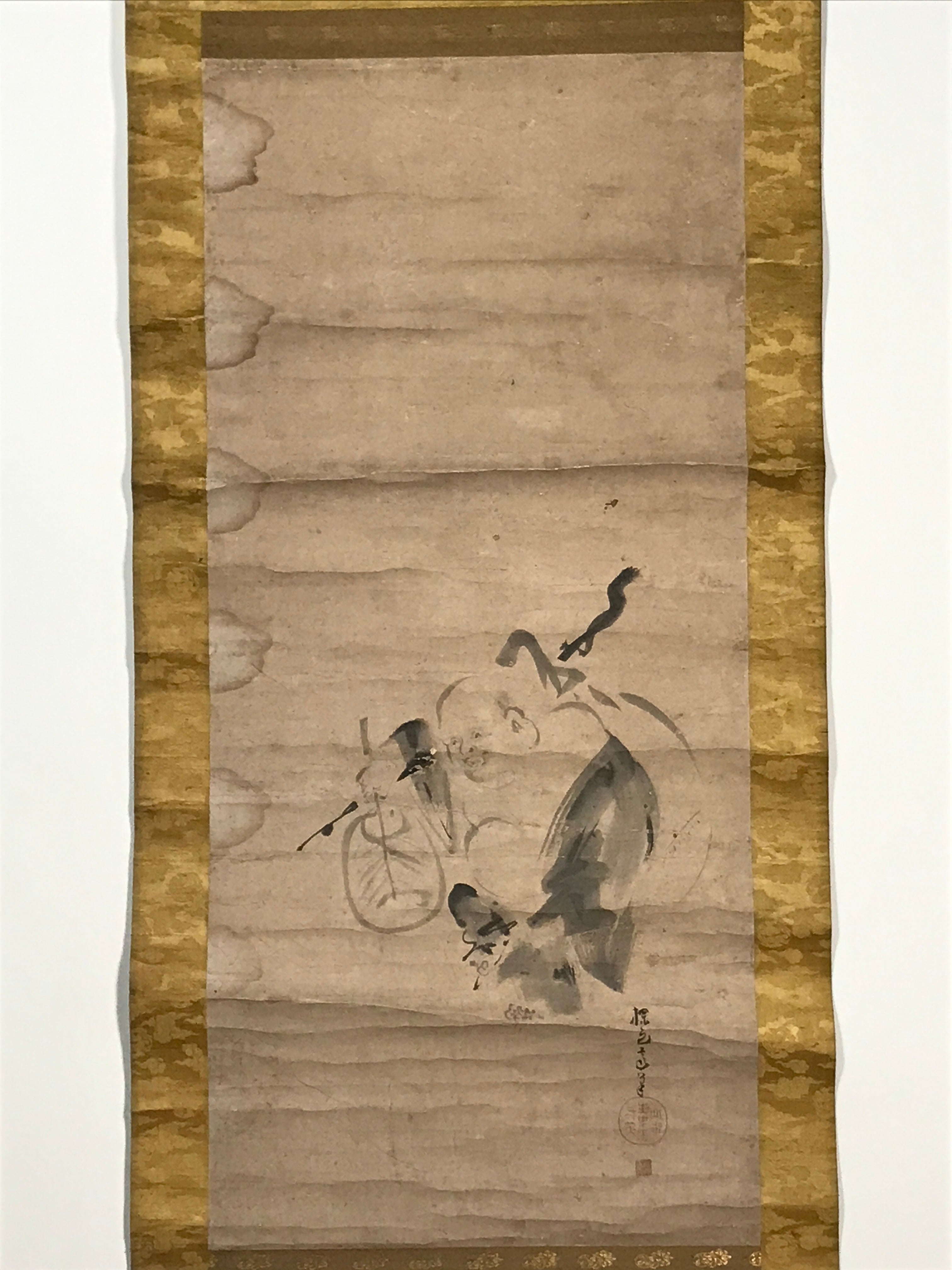 Japanese Hanging Scroll Vtg Hotei Man Carrying Bag Buddhist Kakejiku SC861