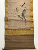 Japanese Hanging Scroll Vtg Hotei Man Carrying Bag Buddhist Kakejiku SC861