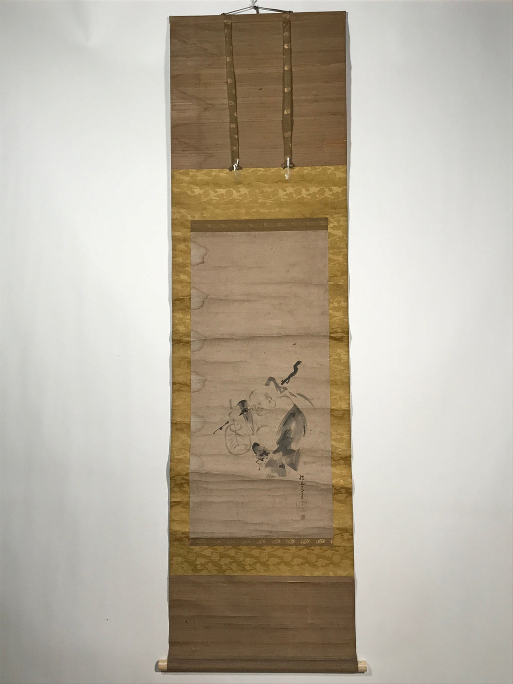 Japanese Hanging Scroll Vtg Hotei Man Carrying Bag Buddhist Kakejiku SC861