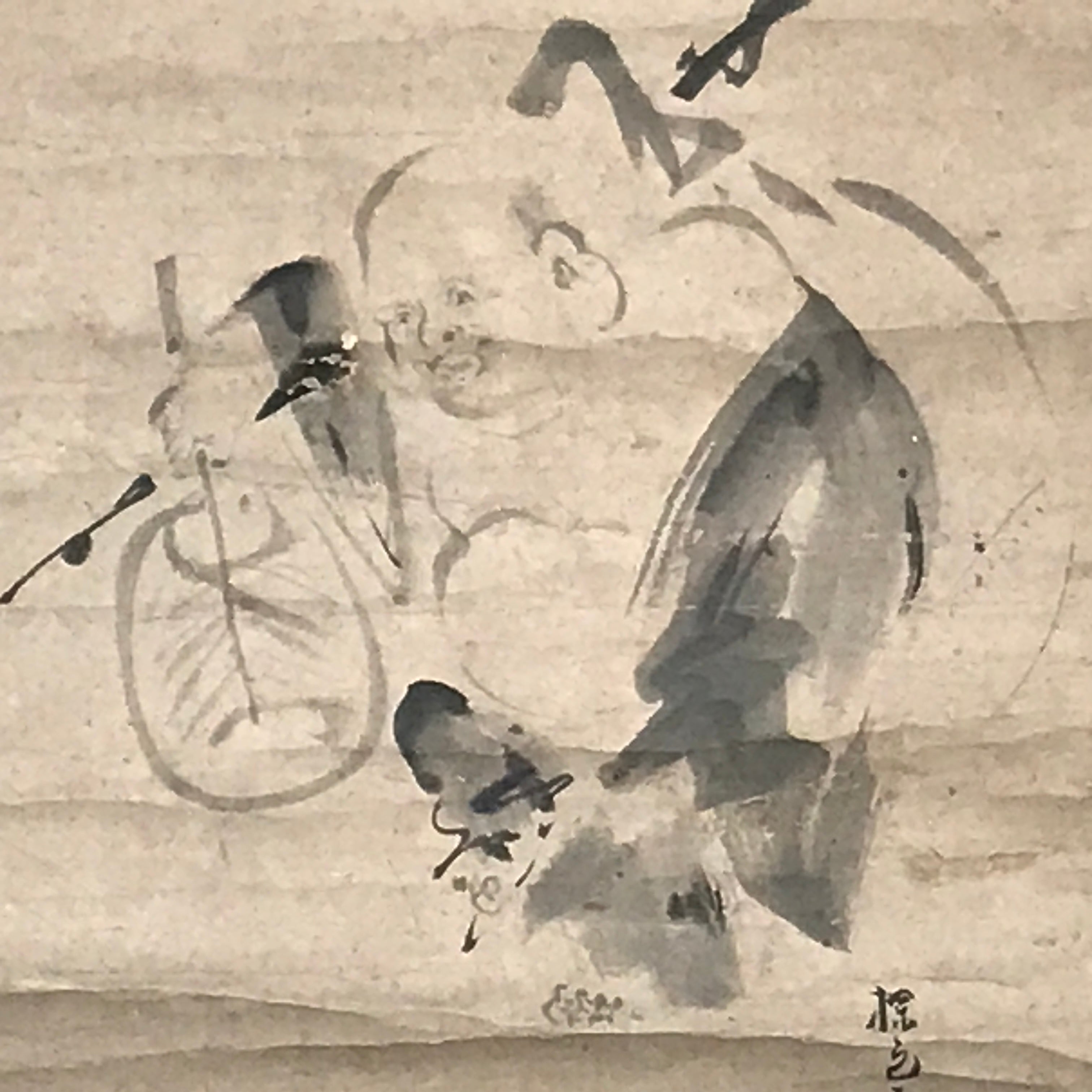 Japanese Hanging Scroll Vtg Hotei Man Carrying Bag Buddhist Kakejiku SC861
