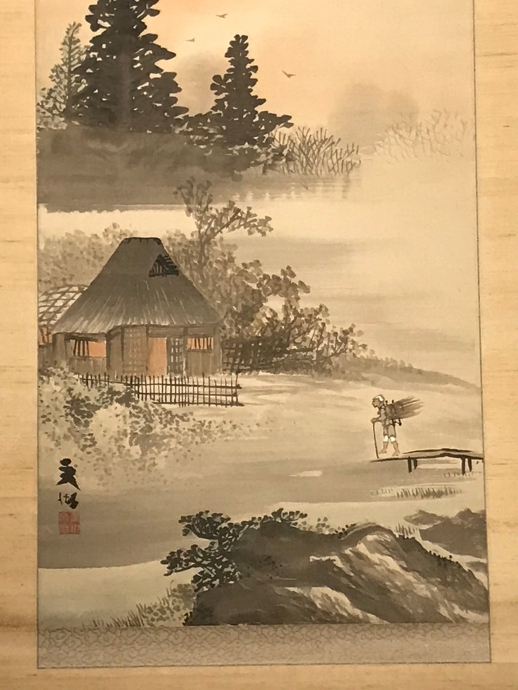 Japanese Hanging Scroll Vtg House Tree Man Monochrome Sansui Kakejiku SC897
