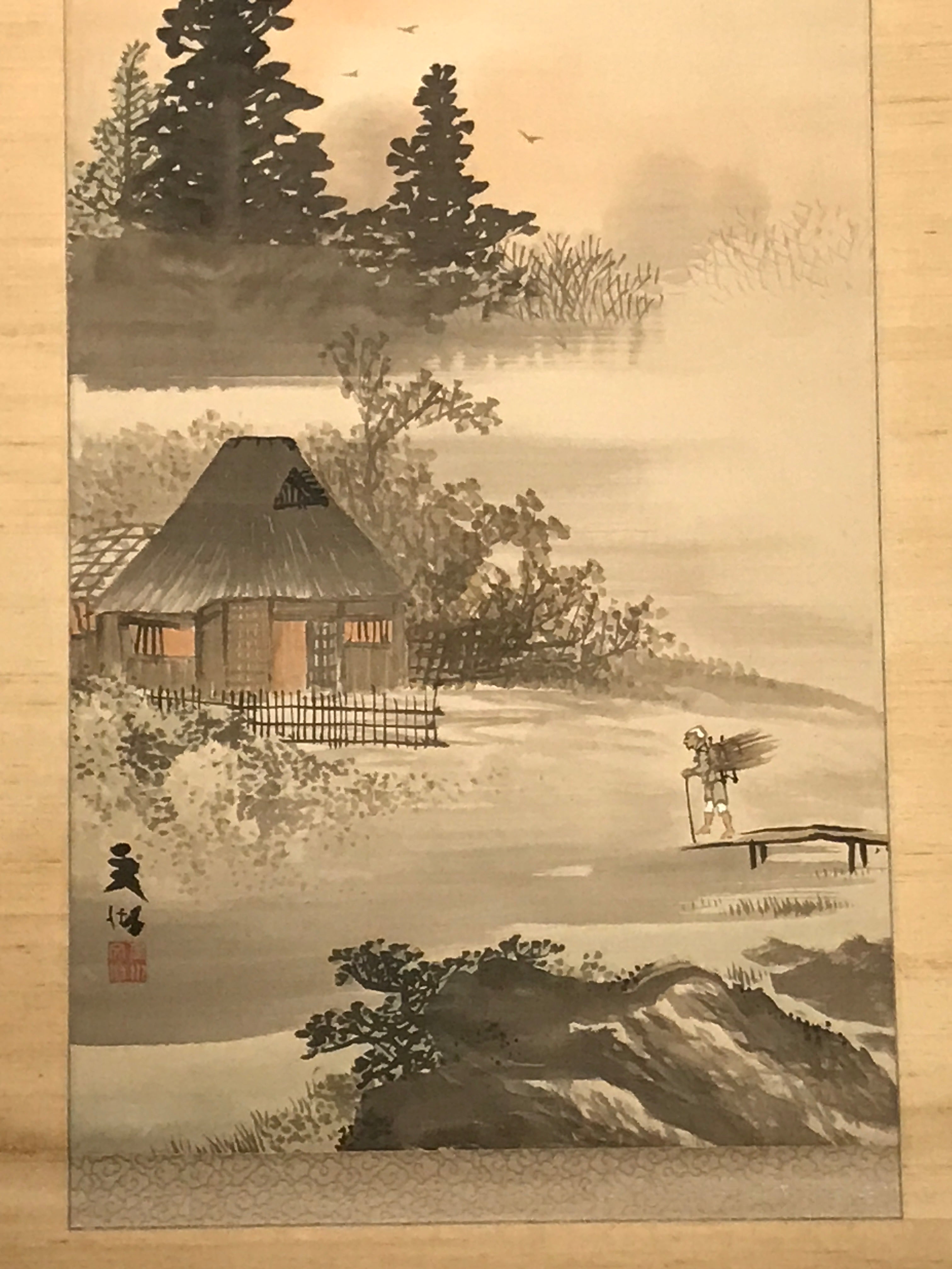Japanese Hanging Scroll Vtg House Tree Man Monochrome Sansui Kakejiku SC897